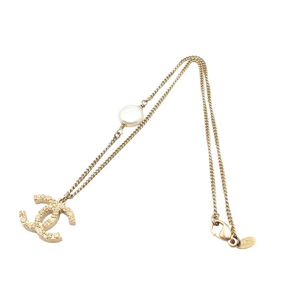 Chanel Gold Plated Faux Pearl Embossed CC Pendant Necklace - 5