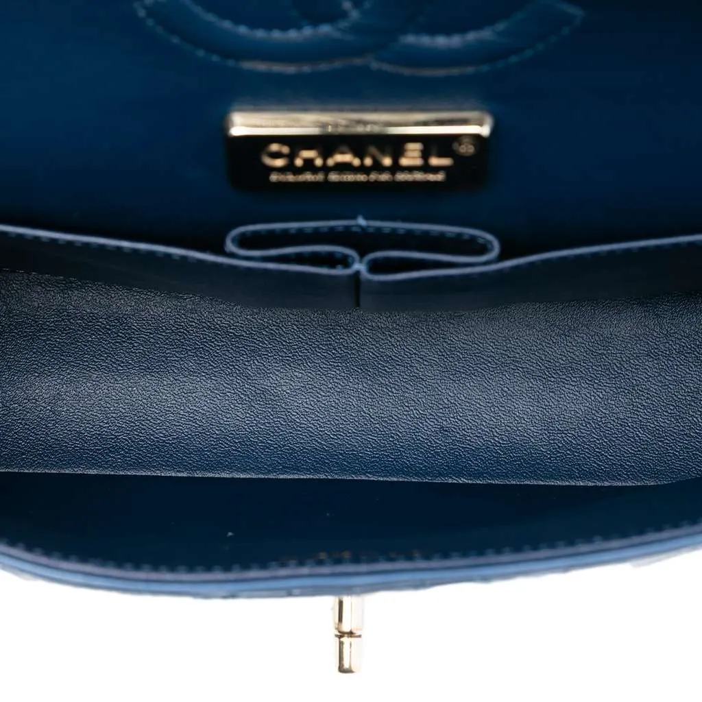 Chanel Medium Classic Glazed Calfskin Camellia Double Flap Blue Leather Very good - Model View