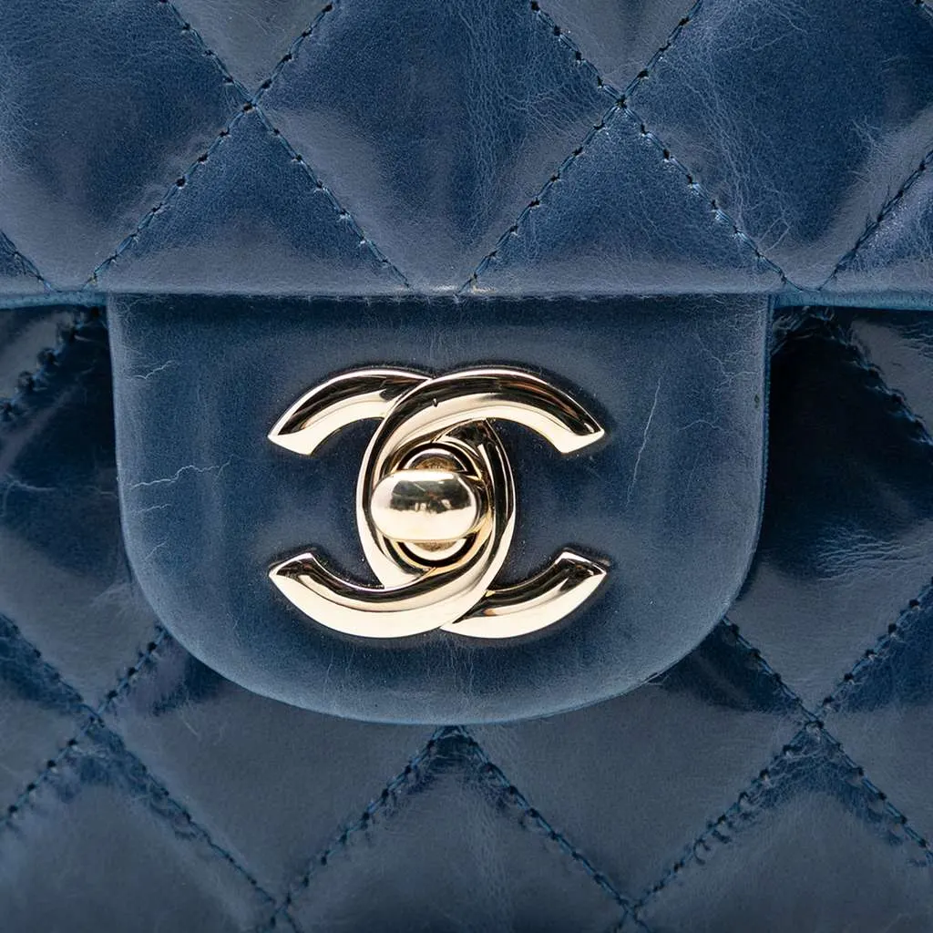 Chanel Medium Classic Glazed Calfskin Camellia Double Flap Blue Leather Very good - Box View