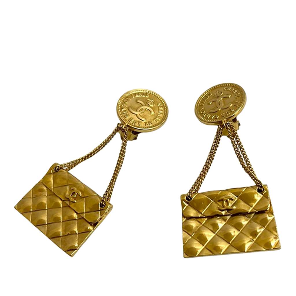Chanel CC Gold Plated Classic Quilted Flap Medallion Clip On Earrings