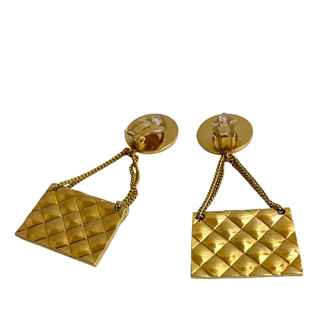 Chanel CC Gold Plated Classic Quilted Flap Medallion Clip On Earrings - 2