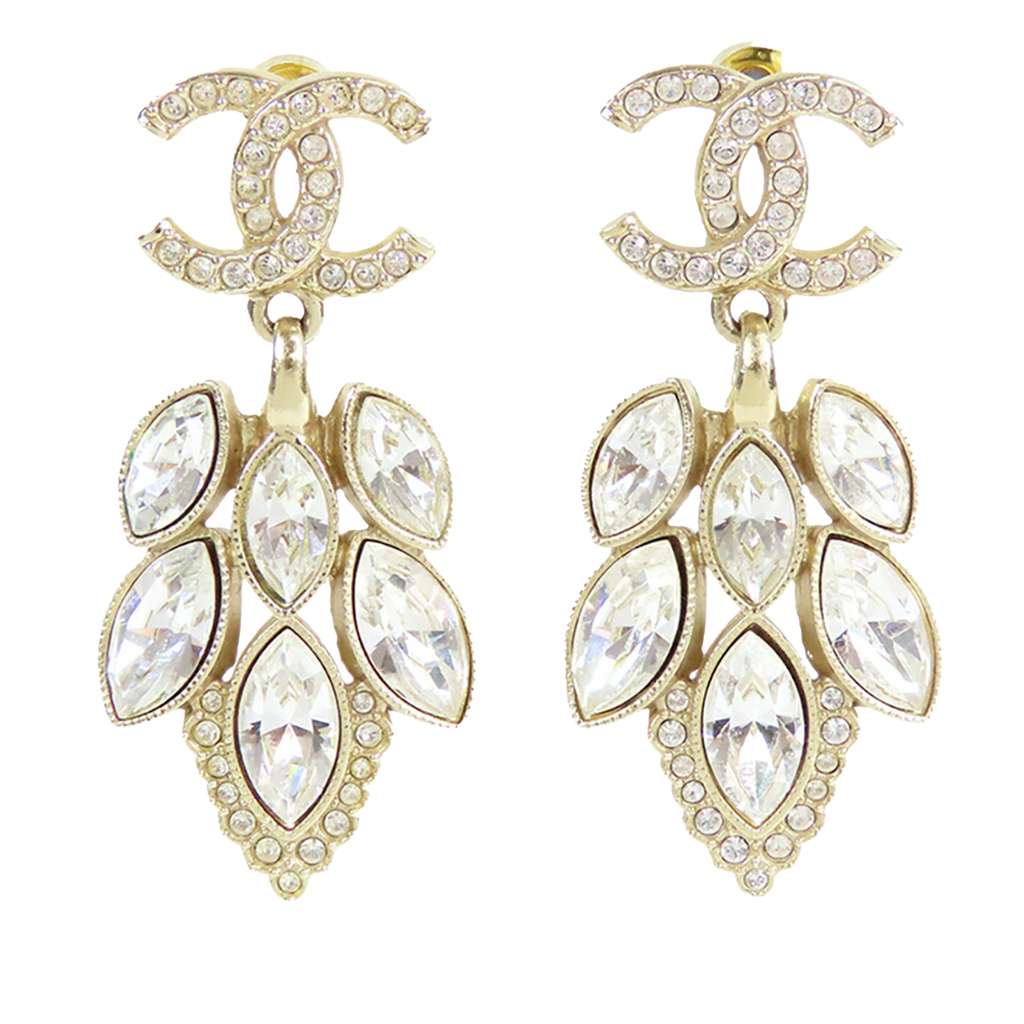 Chanel CC Gold Plated Rhinetone Drop Earrings
