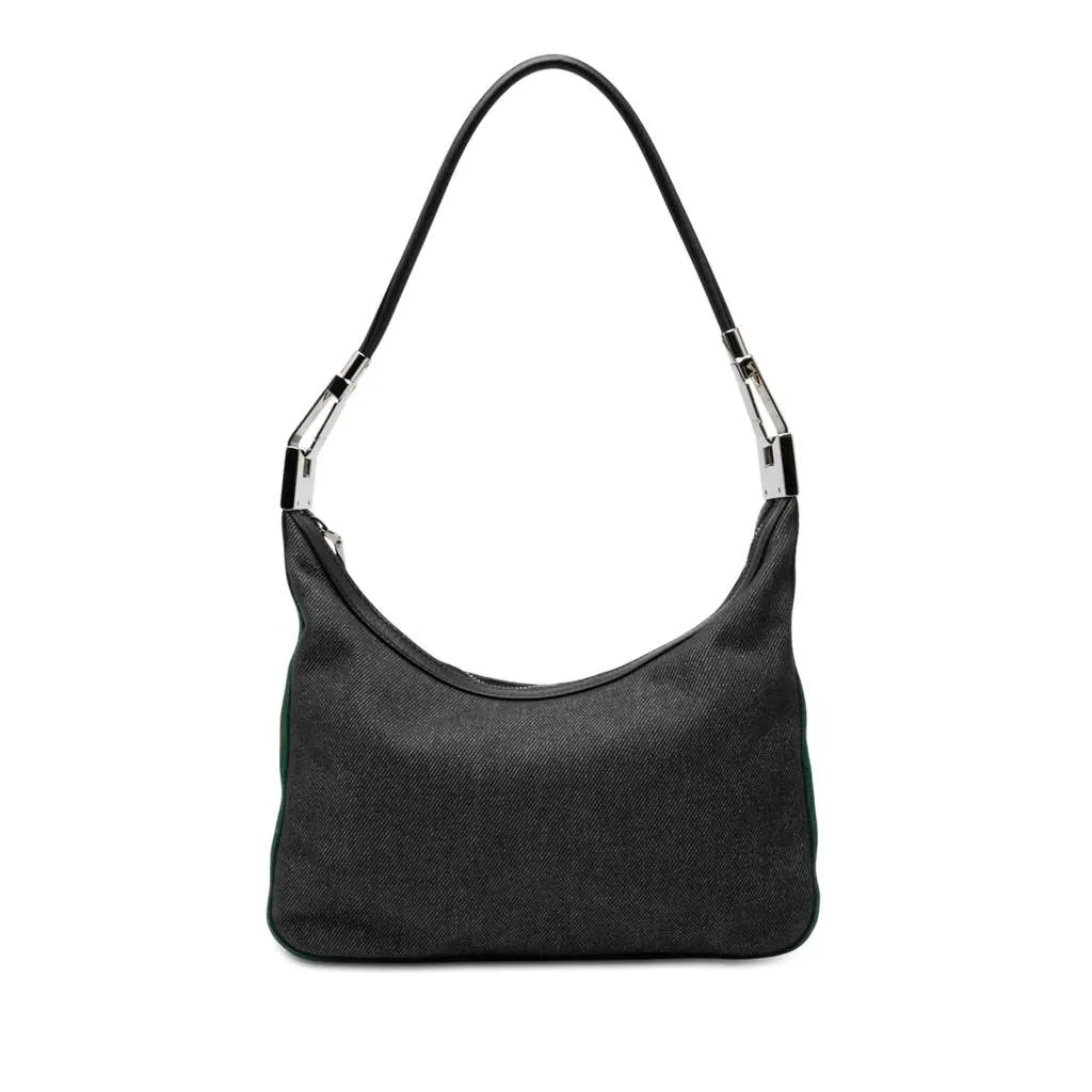 Gucci Denim Web Shoulder Bag Black Denim Good - Front View