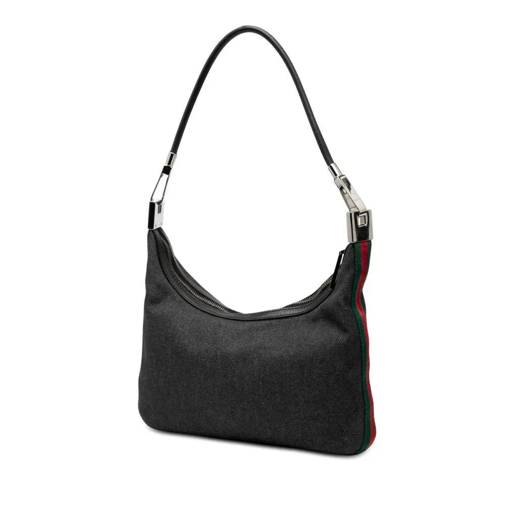 Gucci Denim Web Shoulder Bag Black Denim Good - Back View