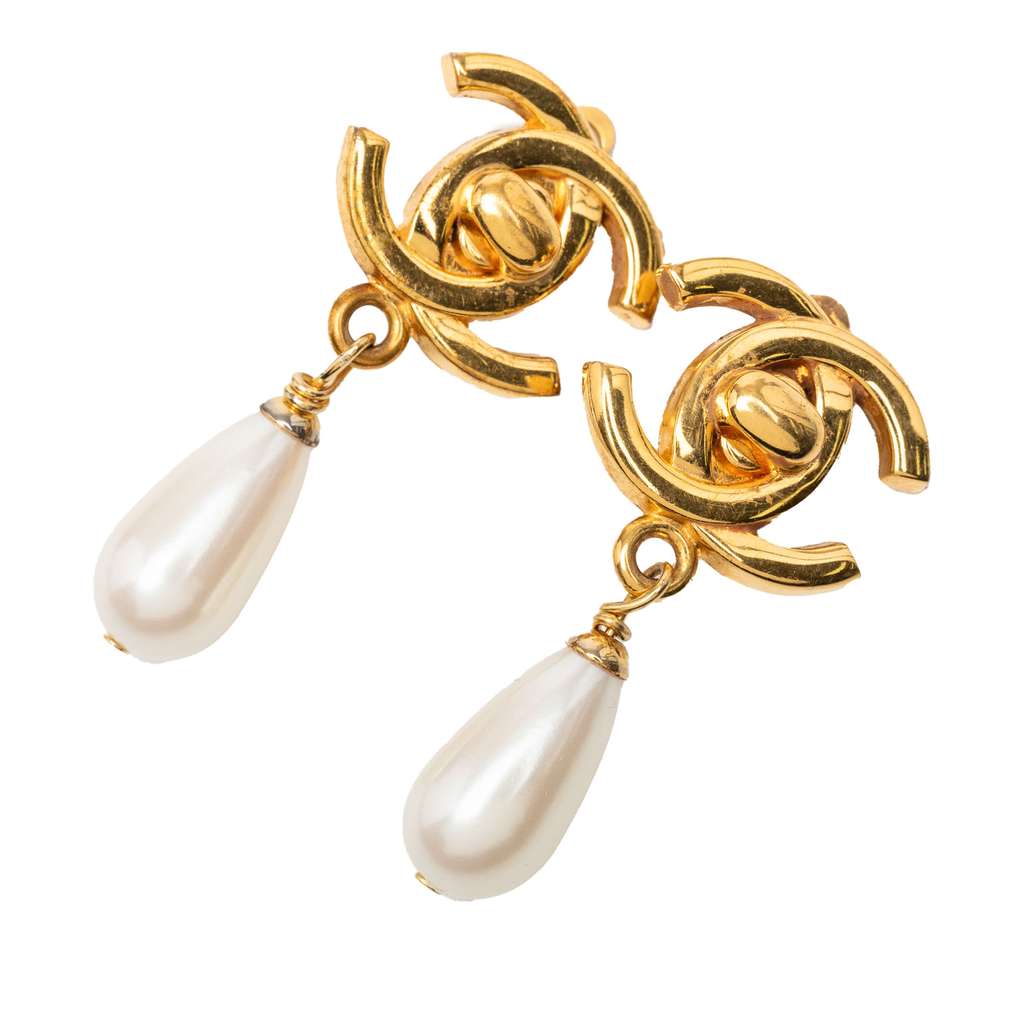 Chanel CC Gold Plated Faux Pearl Turn Lock Drop Clip On Earrings