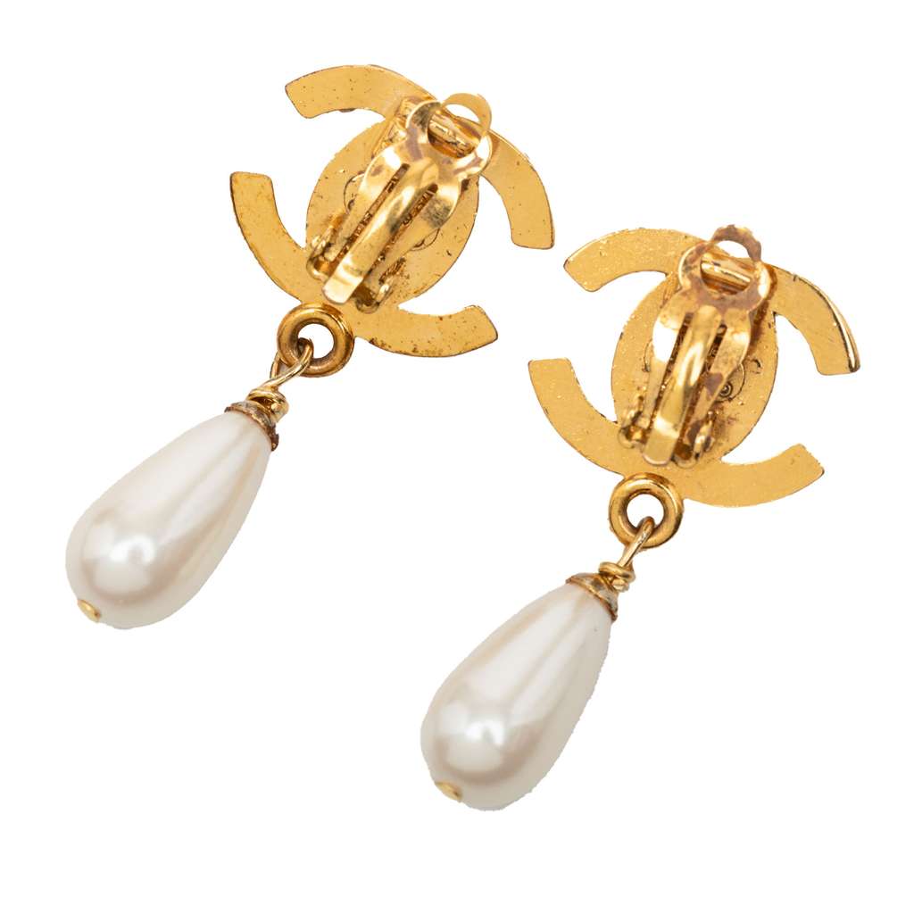 Chanel CC Gold Plated Faux Pearl Turn Lock Drop Clip On Earrings - 2