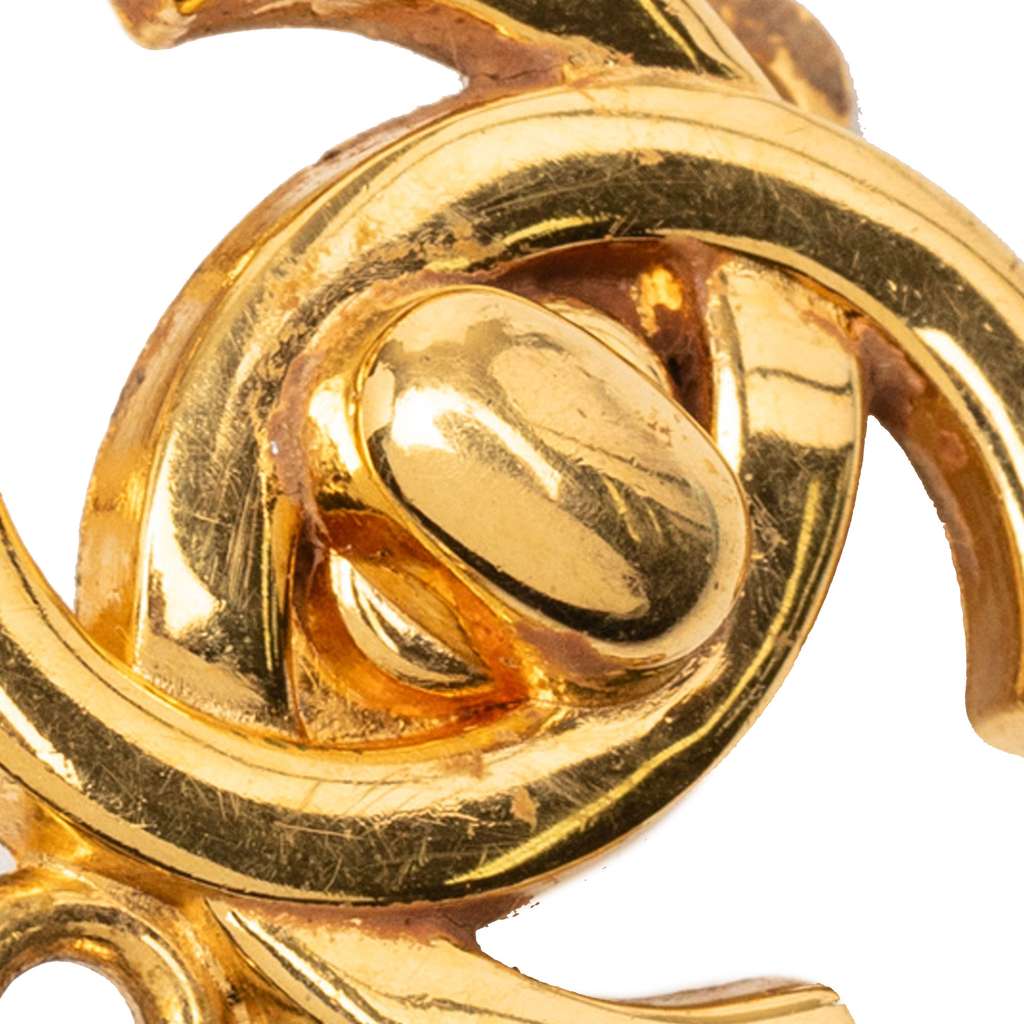 Chanel CC Gold Plated Faux Pearl Turn Lock Drop Clip On Earrings - 4