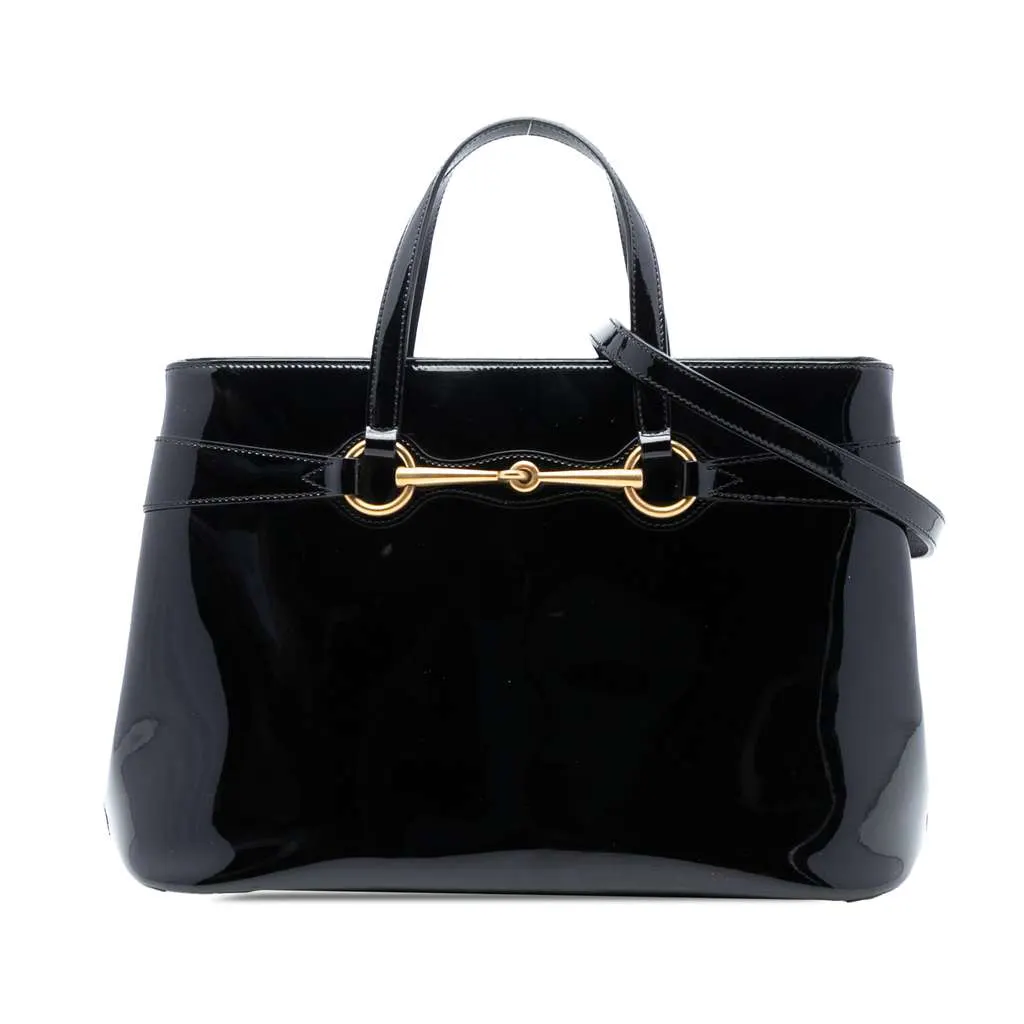 Gucci Patent Bright Bit Satchel Black Leather Good - Front View