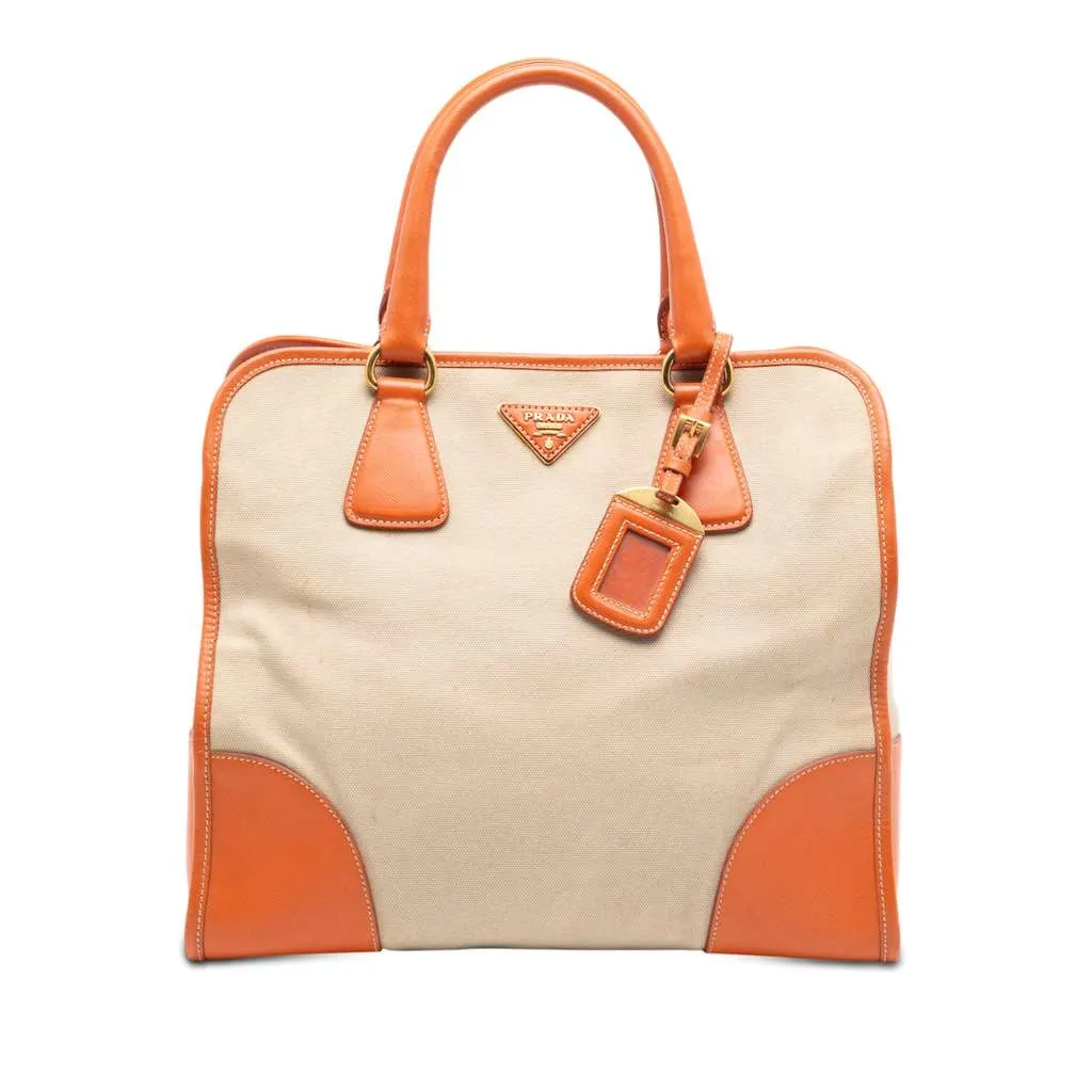 Prada Saffiano Trimmed Canvas Canapa Satchel Brown Canvas Very good - Front View
