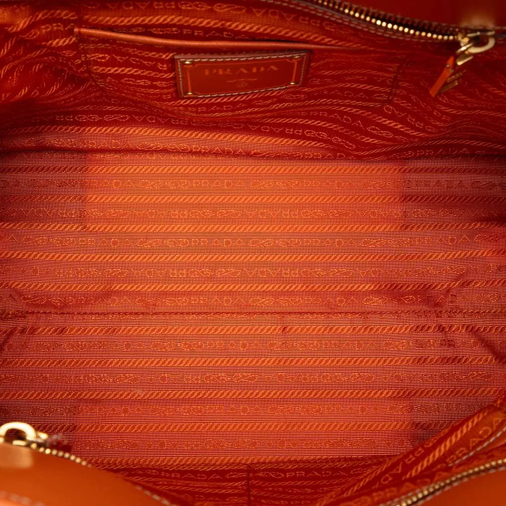 Prada Saffiano Trimmed Canvas Canapa Satchel Brown Canvas Very good - Model View