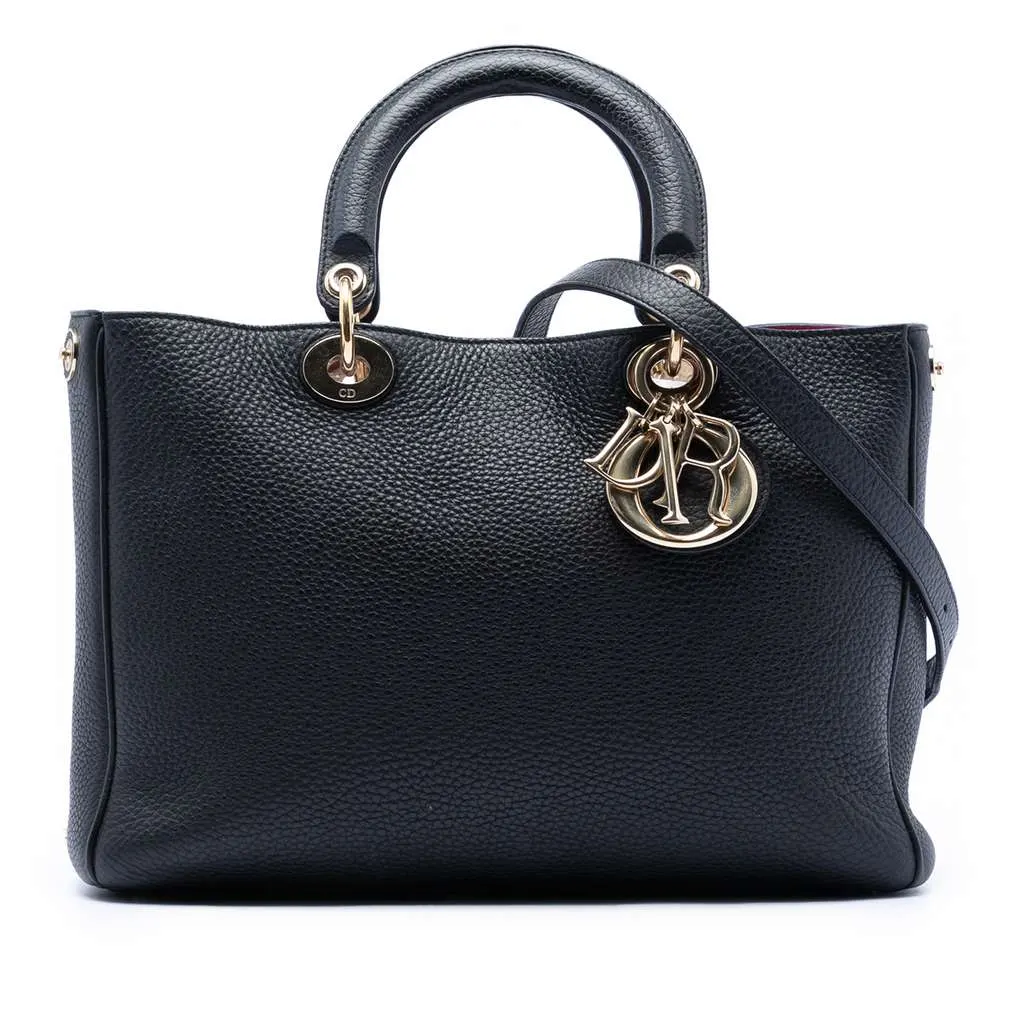 Dior Medium Pebbled Calfskin Diorissimo Satchel Black Leather Good - Front View