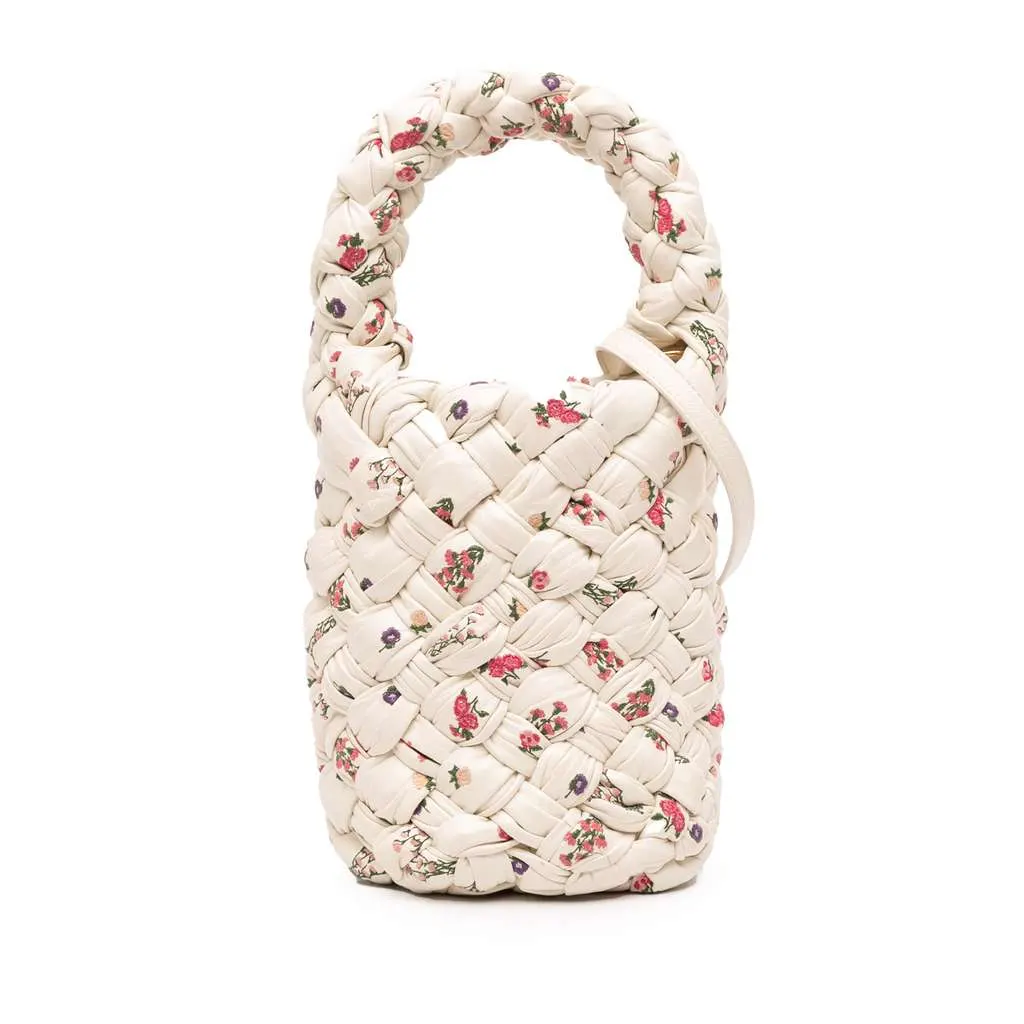 Bottega Veneta Small Floral Printed Leather Intrecciato Kalimero Bucket Bag White Leather Very good - Front View