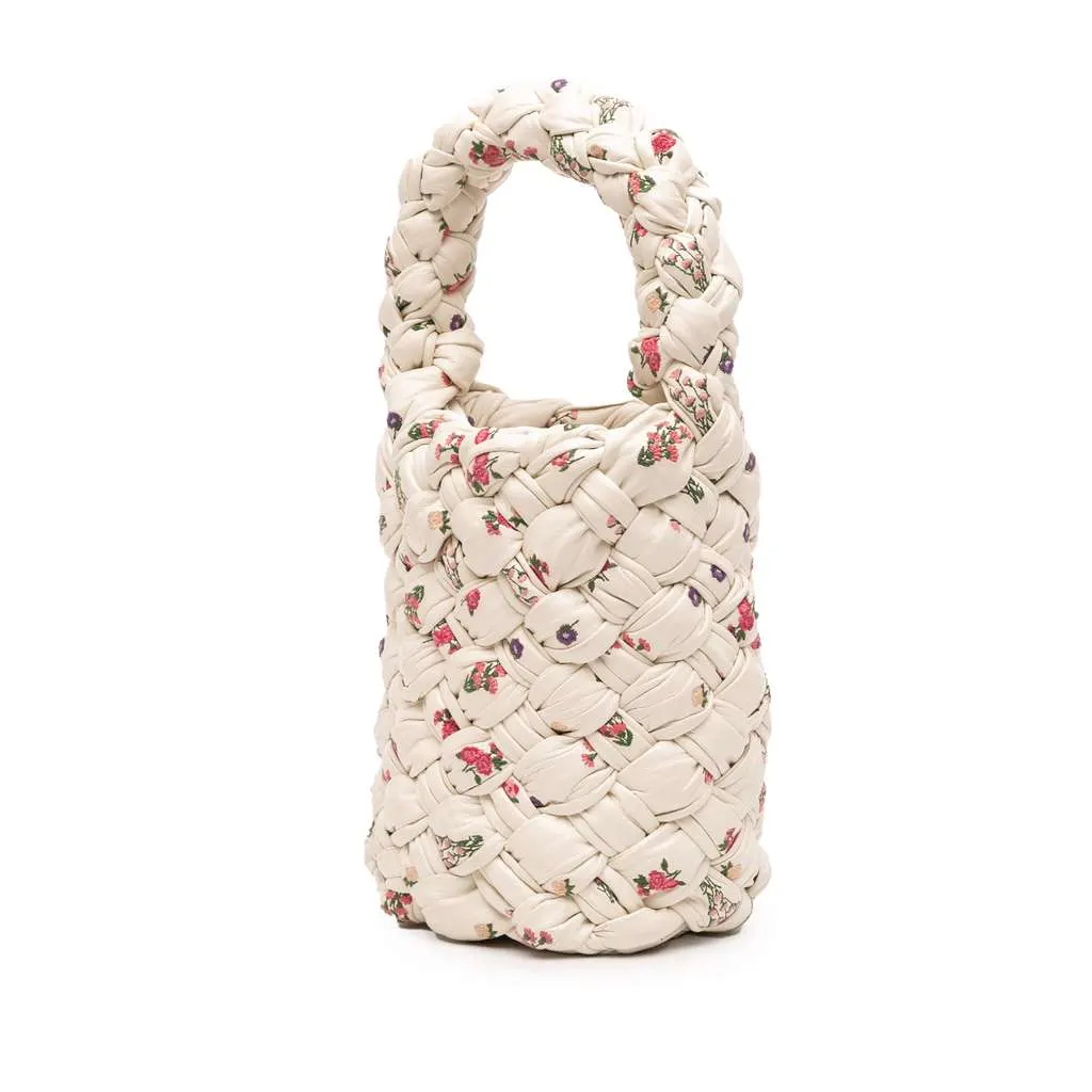 Bottega Veneta Small Floral Printed Leather Intrecciato Kalimero Bucket Bag White Leather Very good - Back View