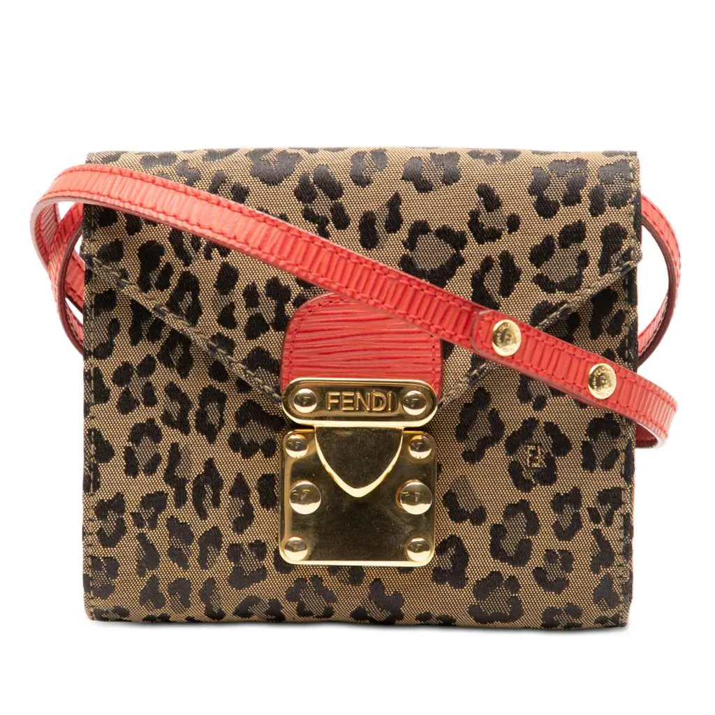 Fendi Mini Leopard Print Canvas Flap Crossbody Brown Canvas Very good - Front View