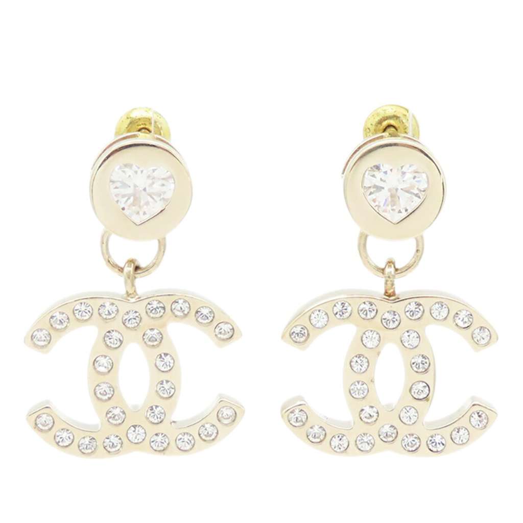 Chanel CC Gold Plated Rhinestone Heart Push Back Earrings