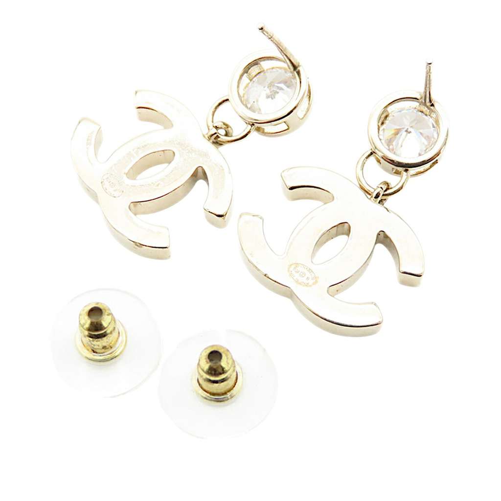 Chanel CC Gold Plated Rhinestone Heart Push Back Earrings - 2