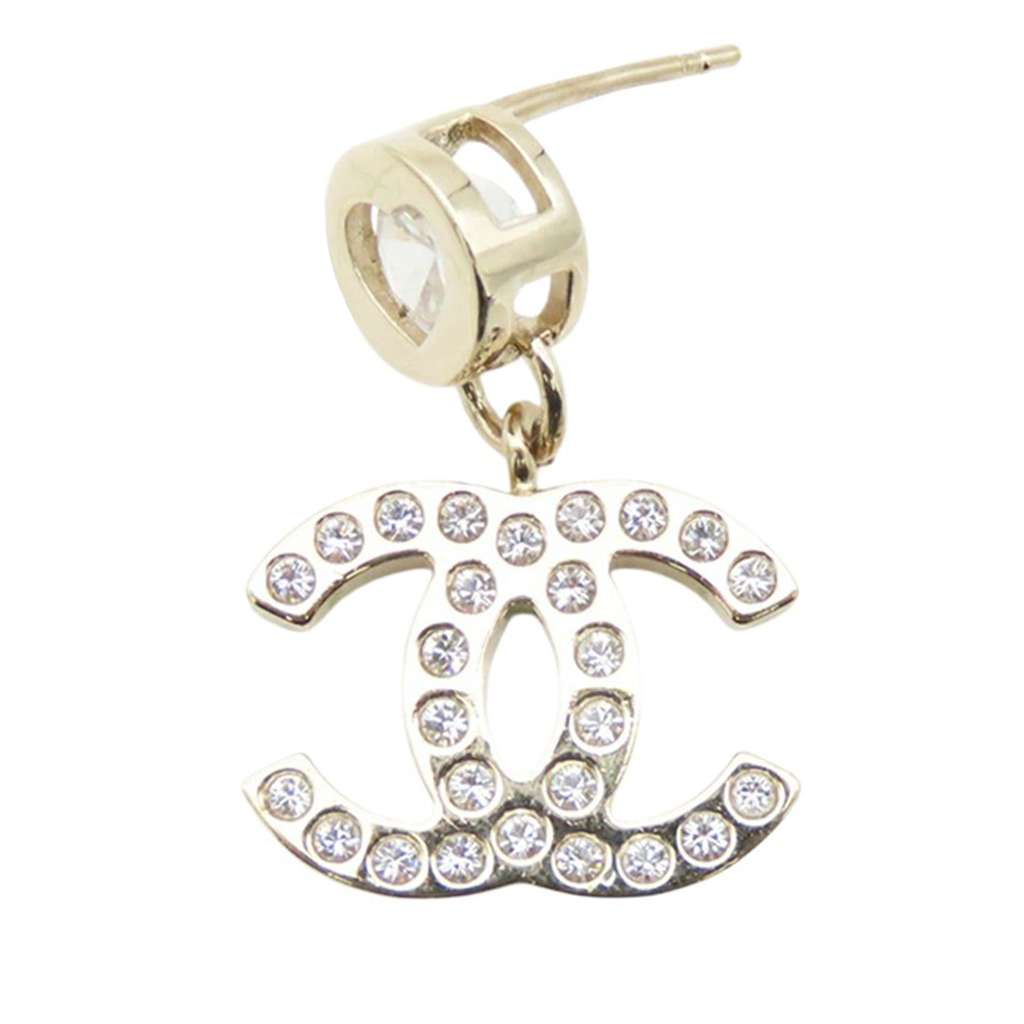 Chanel CC Gold Plated Rhinestone Heart Push Back Earrings - 4