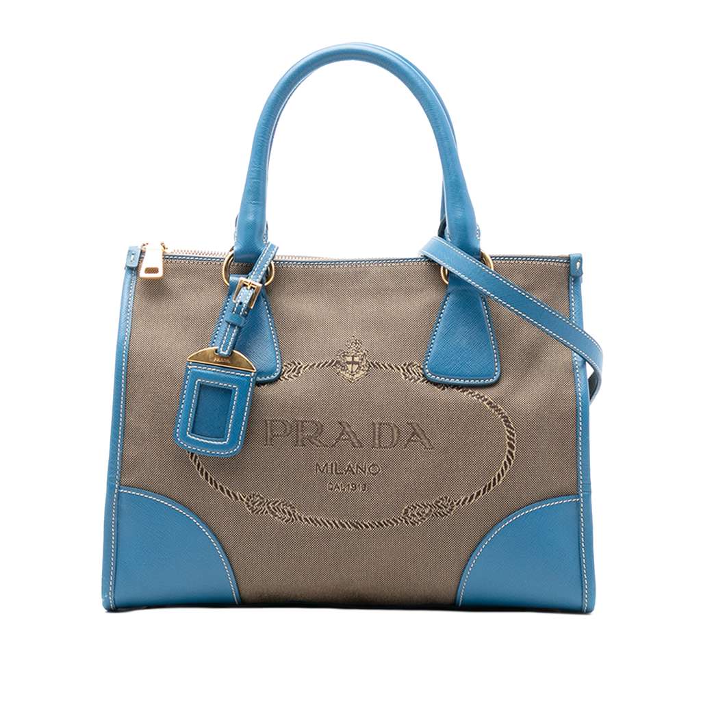 Prada Saffiano Trimmed Canvas Canapa Logo Double Zip Satchel