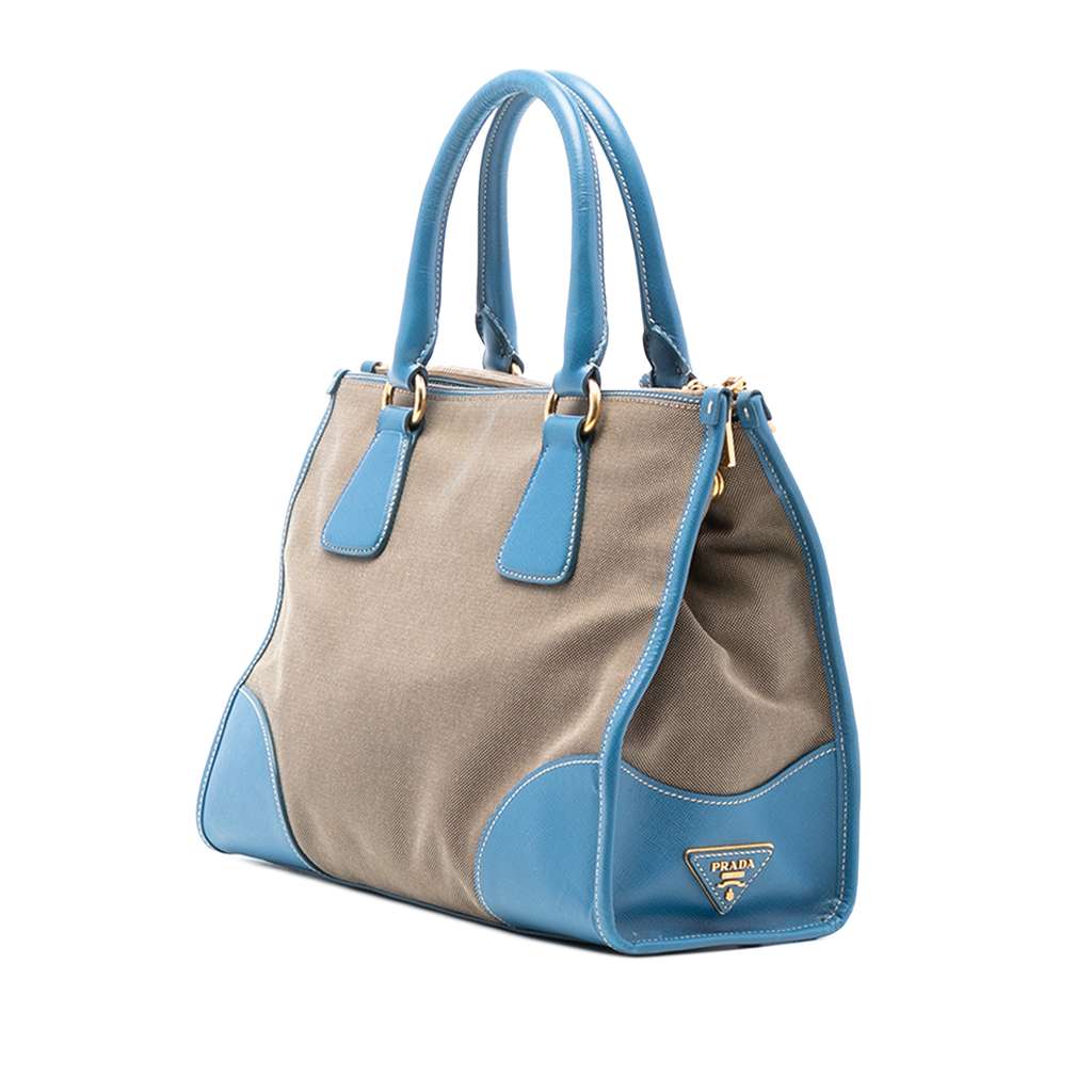 Prada Saffiano Trimmed Canvas Canapa Logo Double Zip Satchel - 2