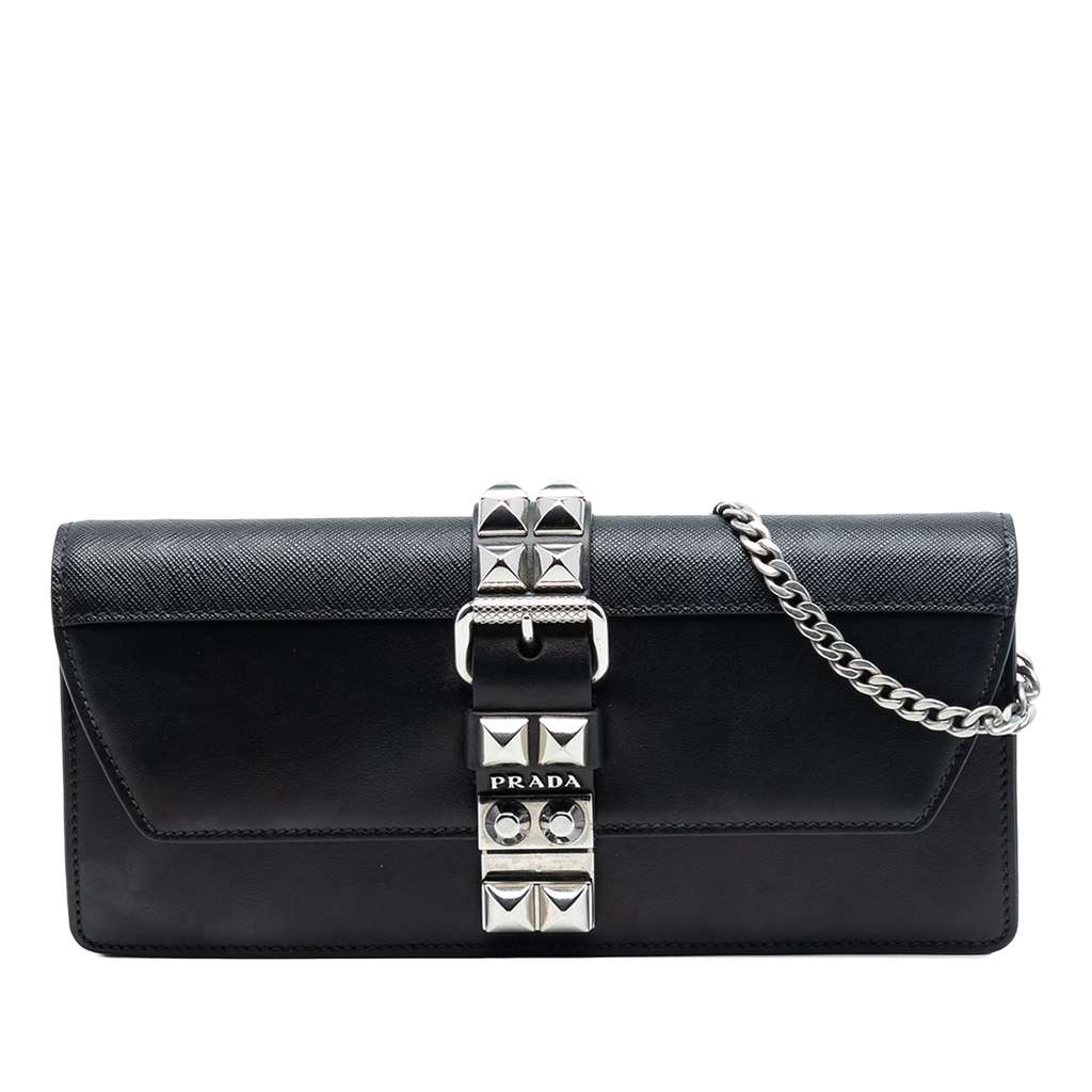 Prada City Calfskin and Saffiano Studded Elektra Clutch with Chain