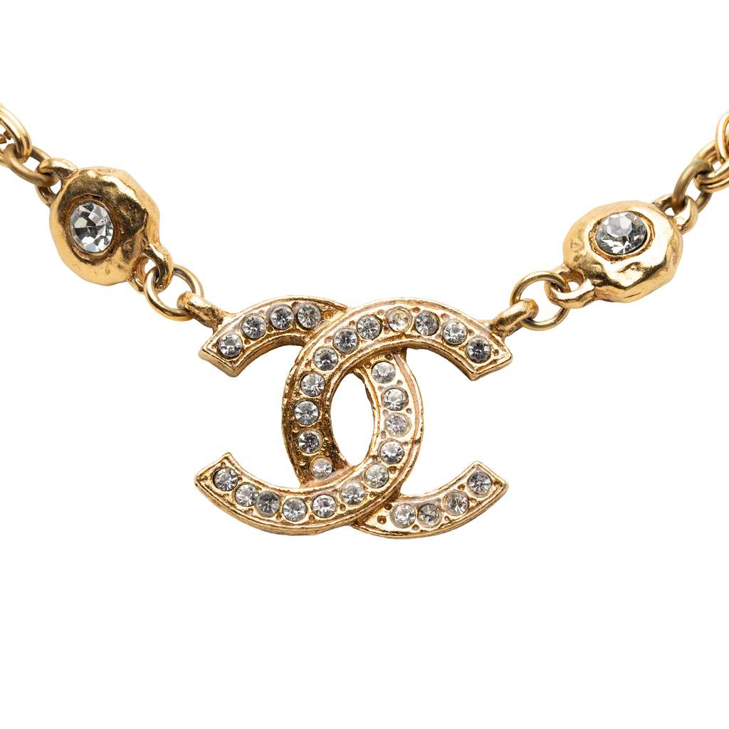 Chanel Gold Plated CC Rhinestone Pendant Necklace