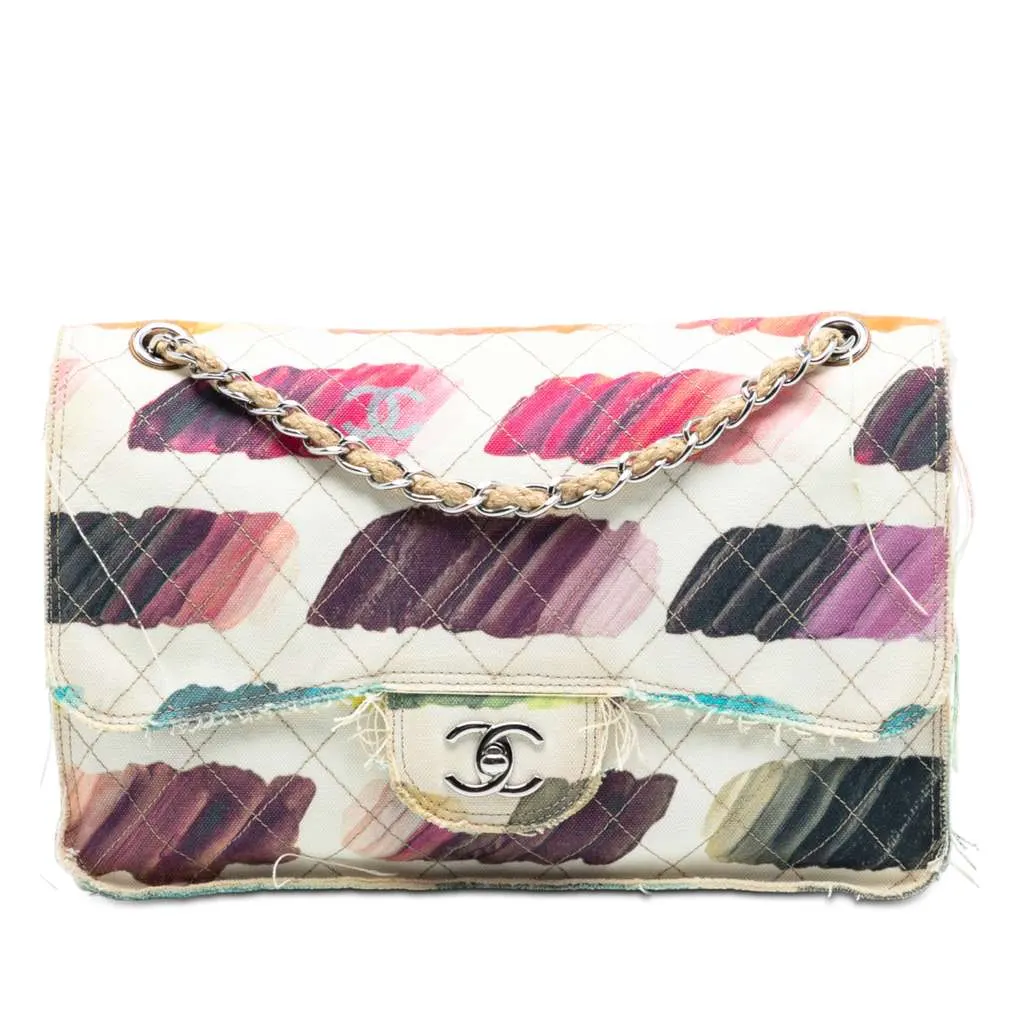 Chanel Jumbo Canvas Classic Colorama Single Flap White Canvas Good - Front View