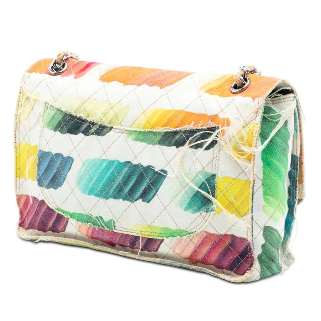 Chanel Jumbo Canvas Classic Colorama Single Flap White Canvas Good - Back View