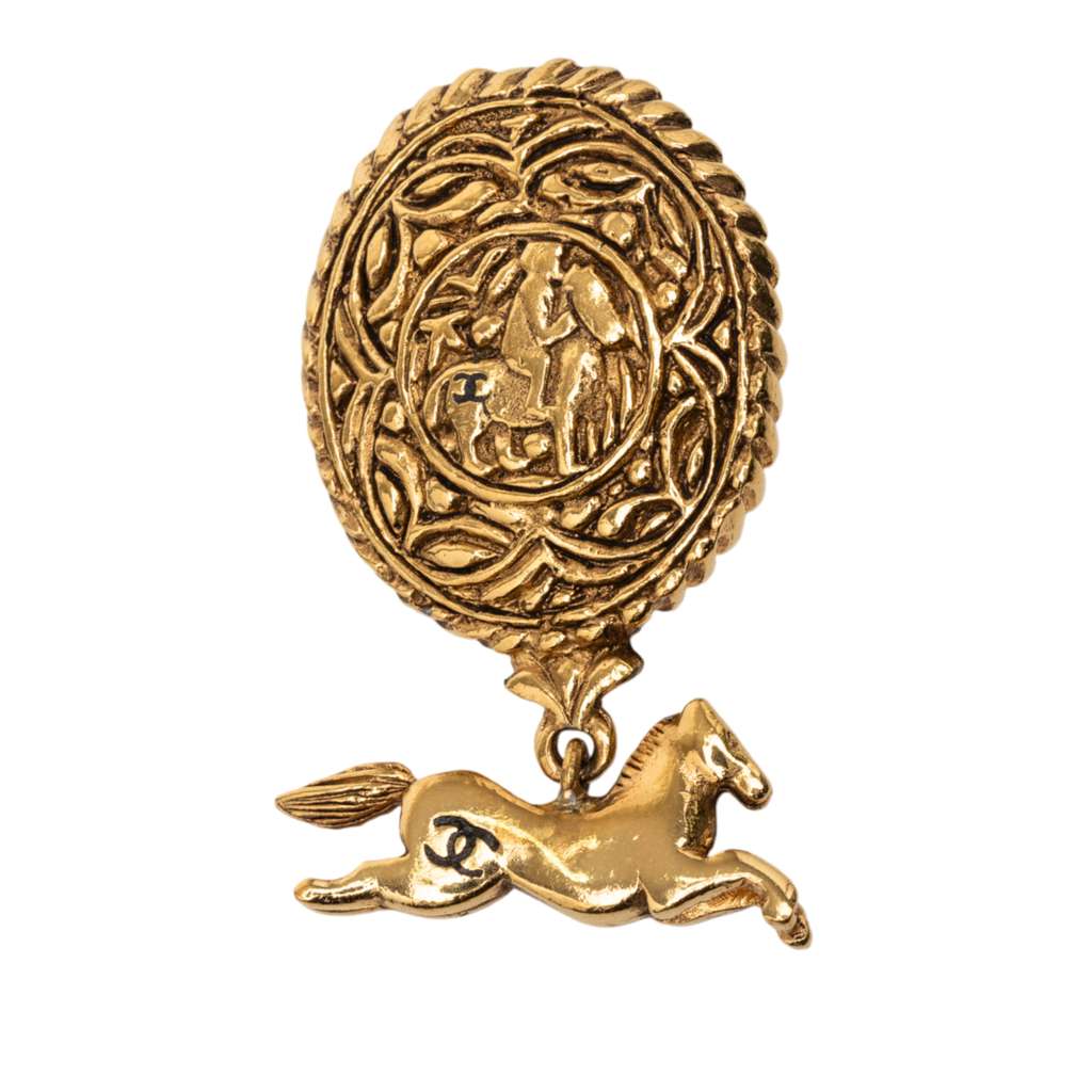 Chanel CC Gold Plated Medallion Horse Charm Brooch