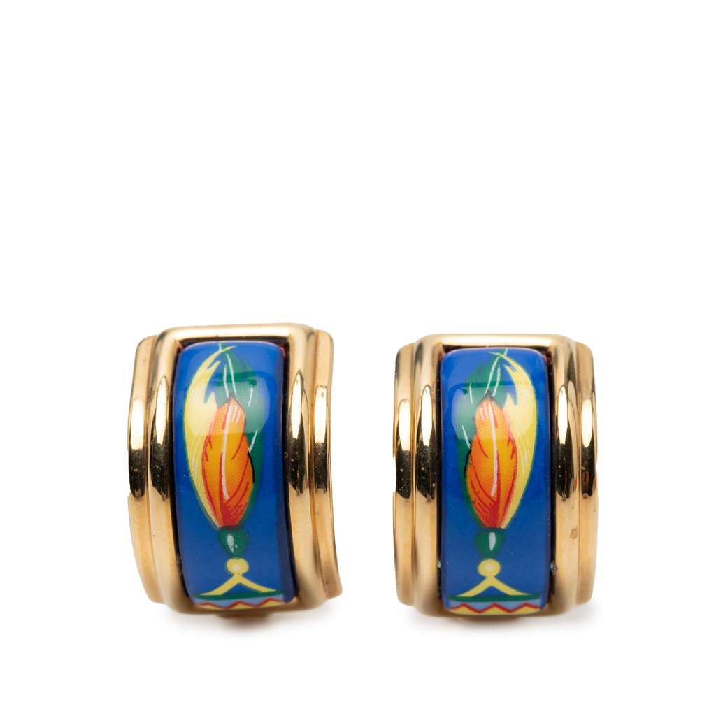Hermès Enamel Feather Cloisonne Clip On Earrings