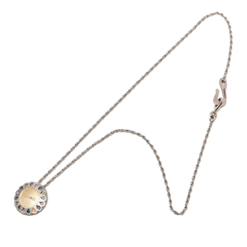 Chanel Silver Plated Rhinestone Flower Pendant Necklace