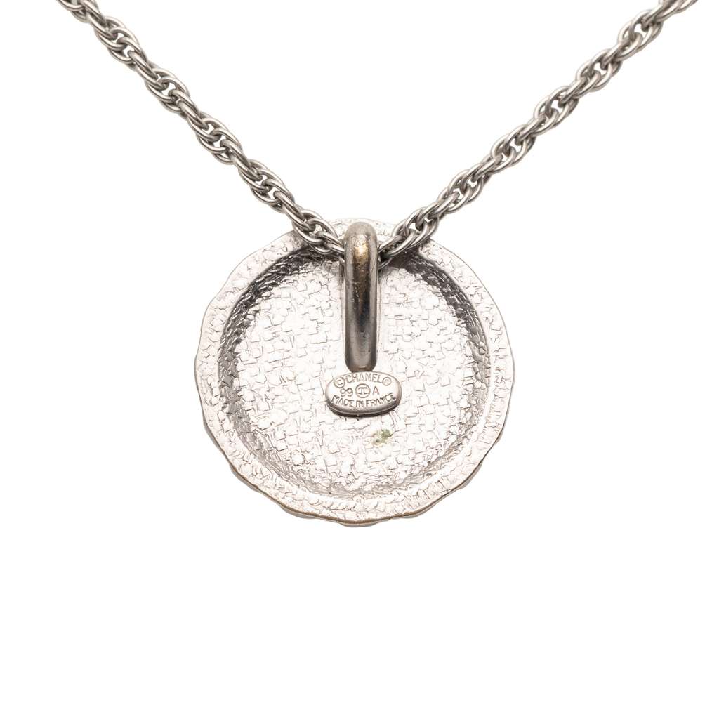 Chanel Silver Plated Rhinestone Flower Pendant Necklace - 3