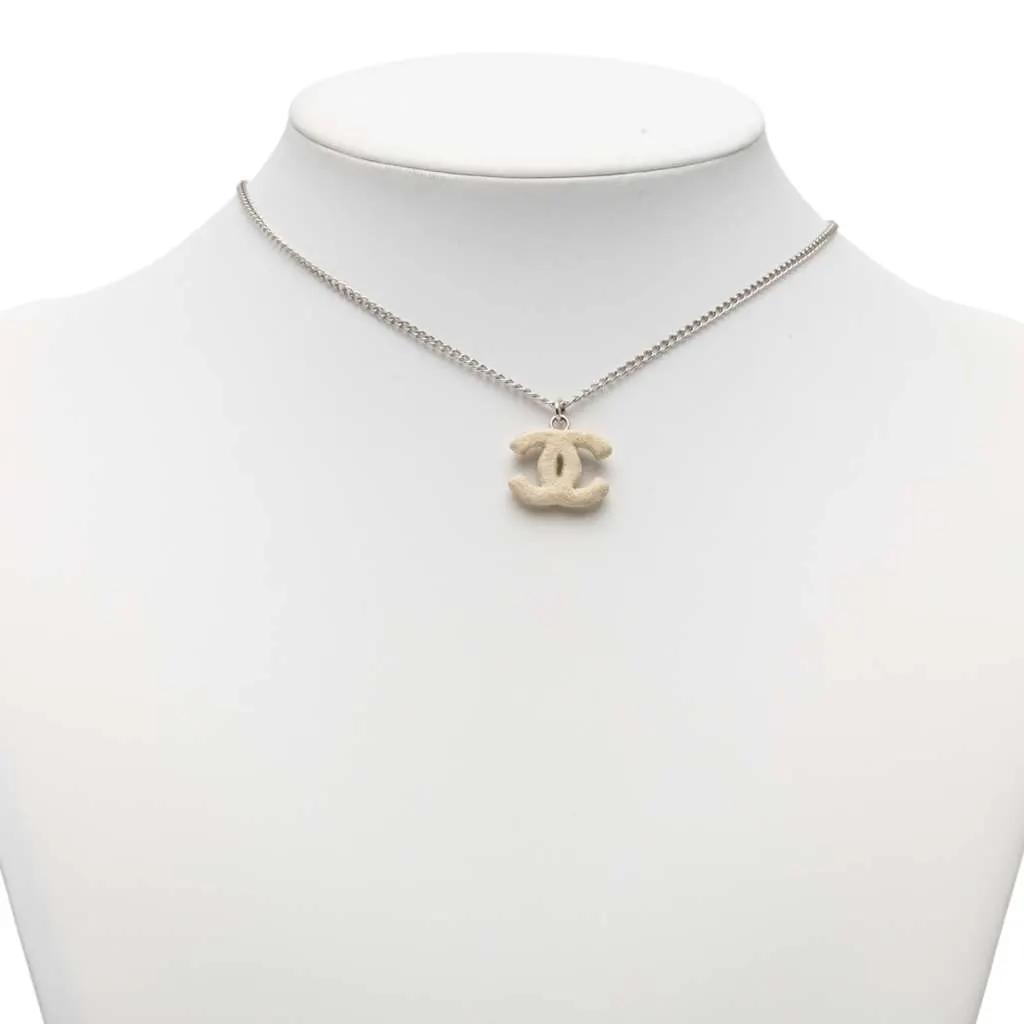 Chanel Silver Plated Textured CC Pendant Necklace Silver Metal Very good - Box View