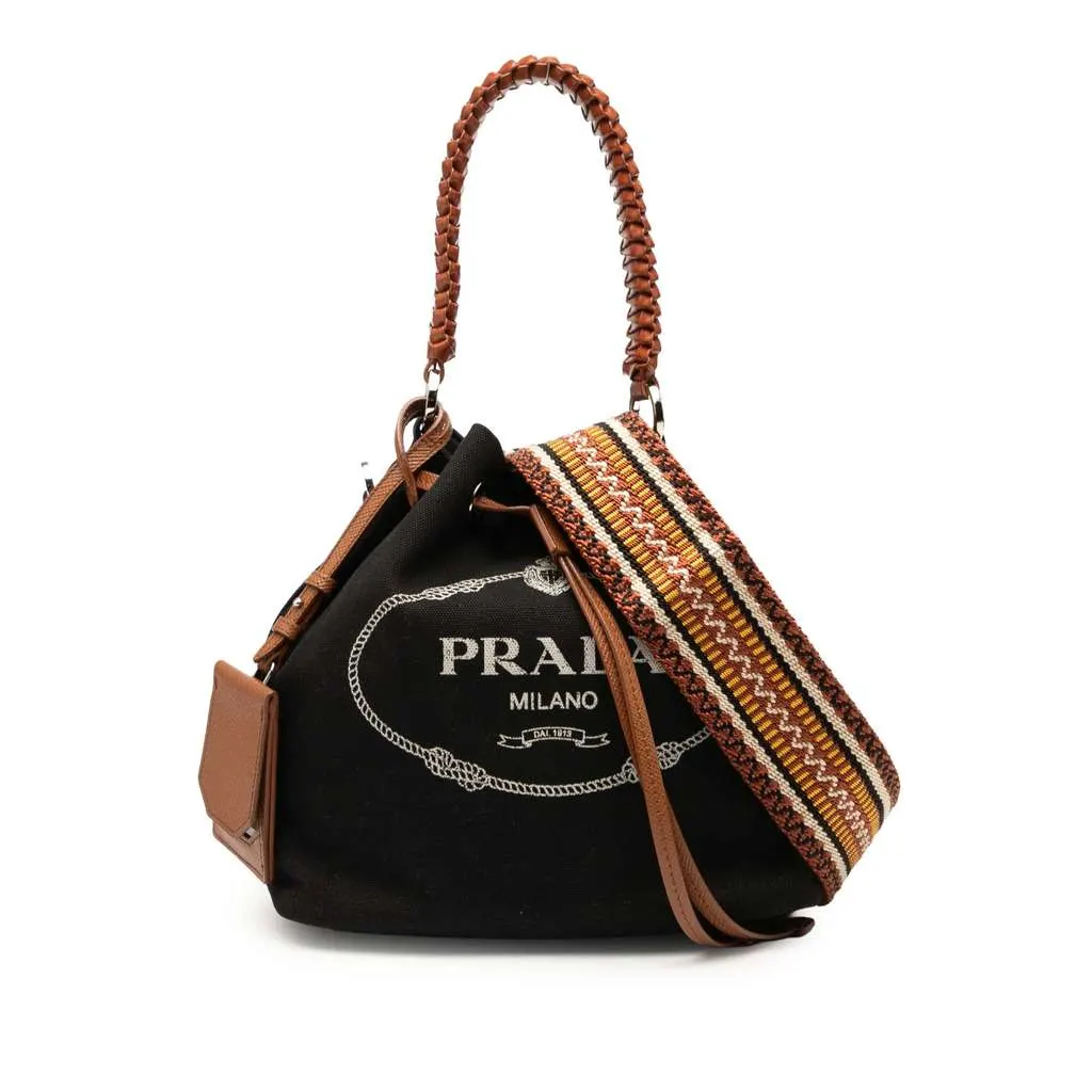 Prada Canvas Canapa Logo Bucket Bag Black Canvas Good - Front View
