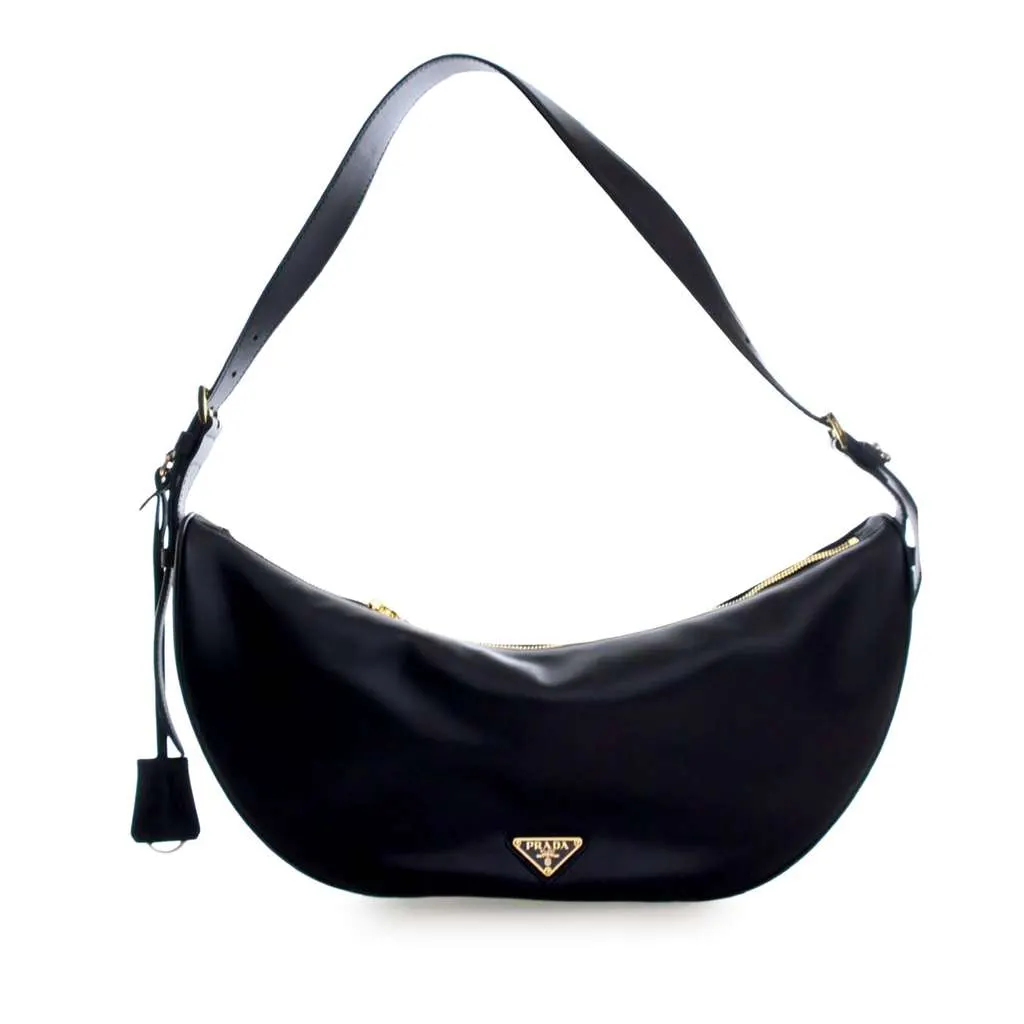 Prada Large Calfskin Demi Lune Shoulder Bag Black Leather Good - Front View