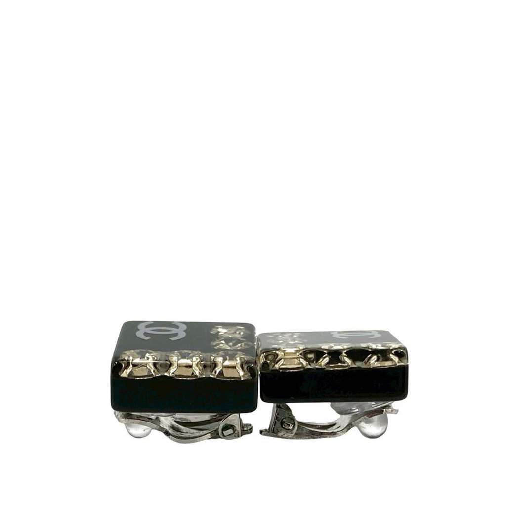 Chanel CC Resin Rhinestone Square Clip On Earrings - 3