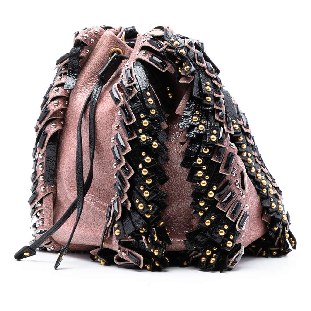 Prada Craquele Leather Embellished Fringe Bucket Bag - 2