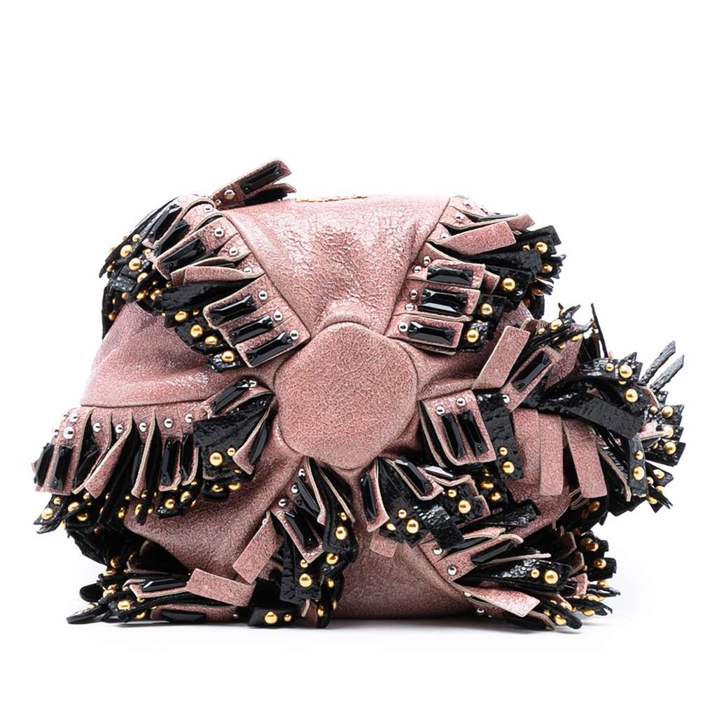 Prada Craquele Leather Embellished Fringe Bucket Bag - 3