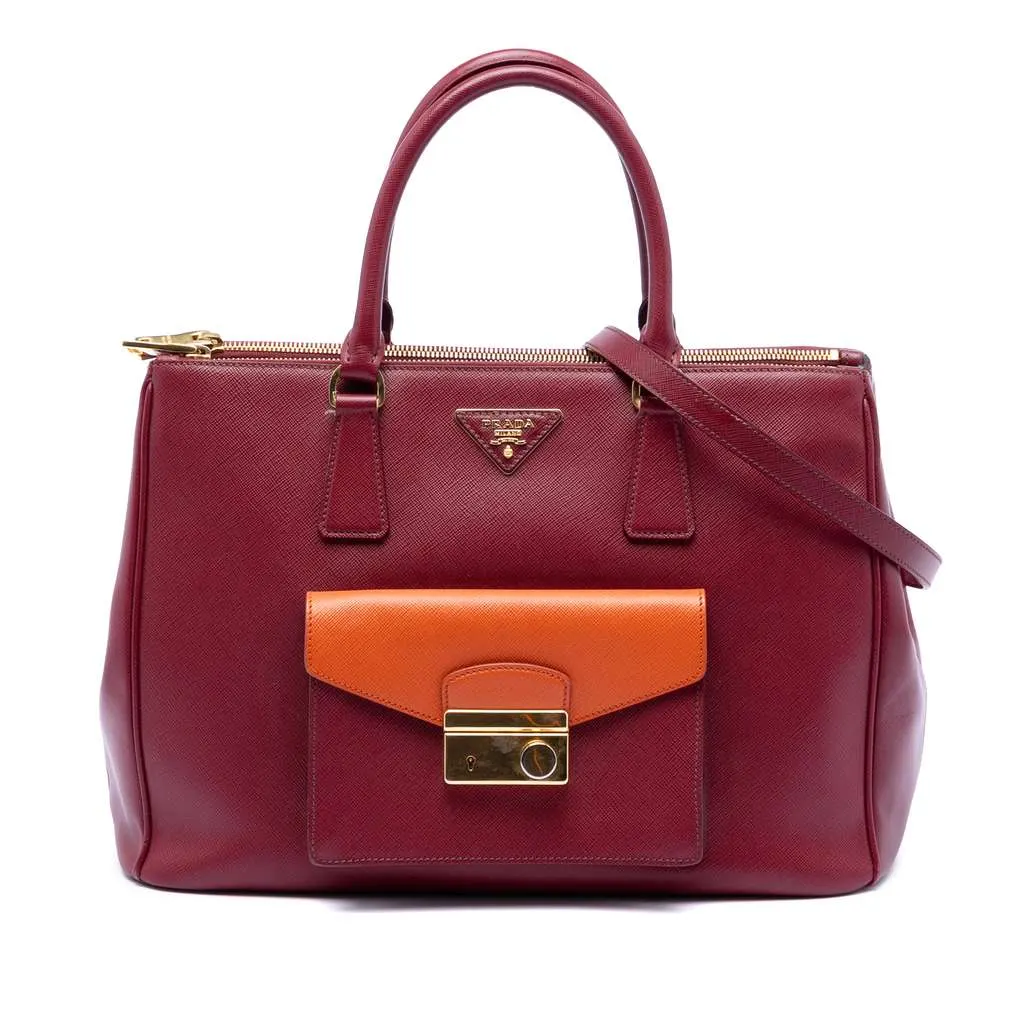 Prada Saffiano Lux Galleria Double Zip Front Pocket Satchel Red Leather Very good - Front View