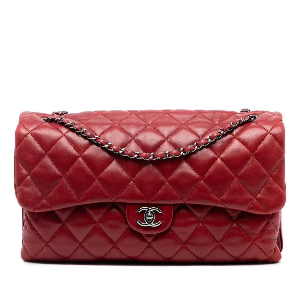 Chanel Maxi Quilted Lambskin 3 Accordion Flap Red Leather Good - Front View