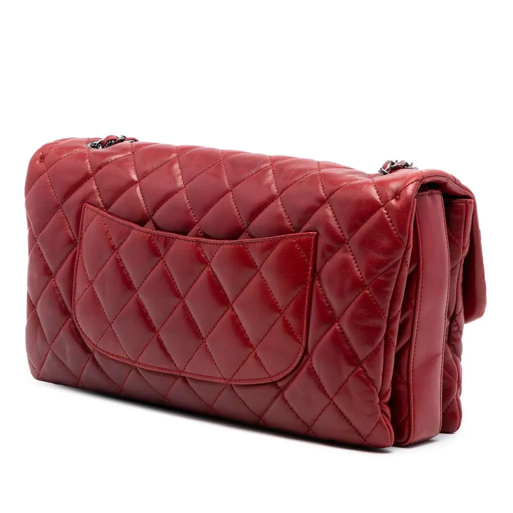 Chanel Maxi Quilted Lambskin 3 Accordion Flap Red Leather Good - Back View