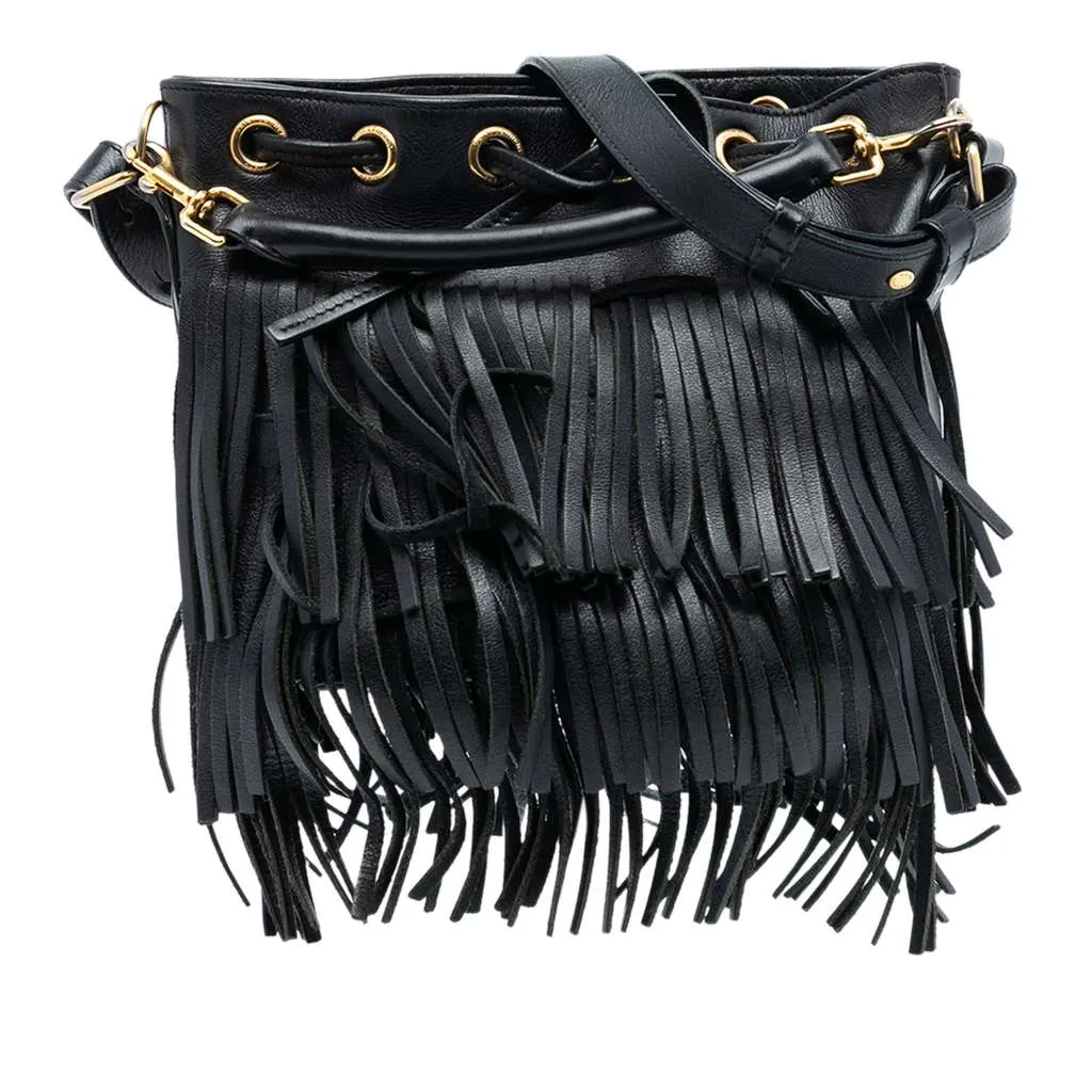 Saint Laurent Small Calfskin Emmanuelle Fringe Bucket Bag Black Leather Very good - Front View