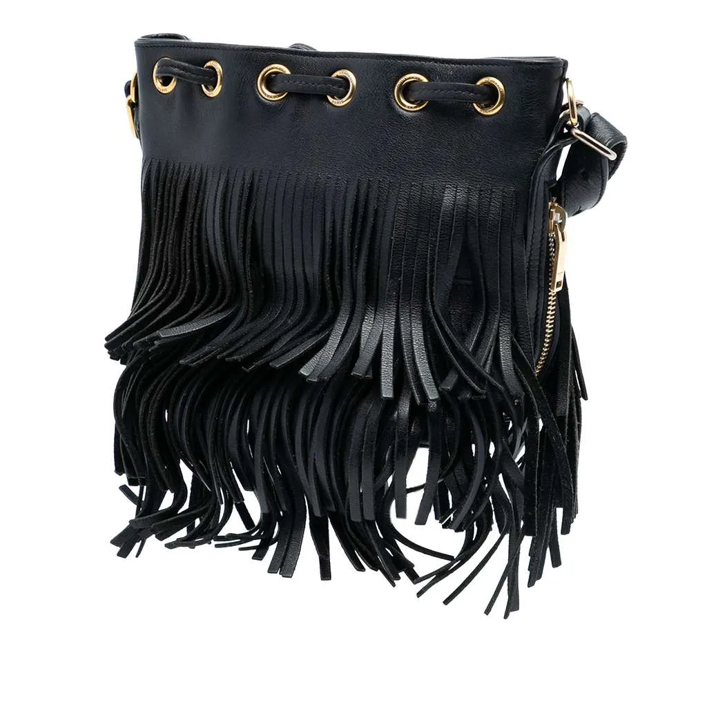 Saint Laurent Small Calfskin Emmanuelle Fringe Bucket Bag Black Leather Very good - Back View