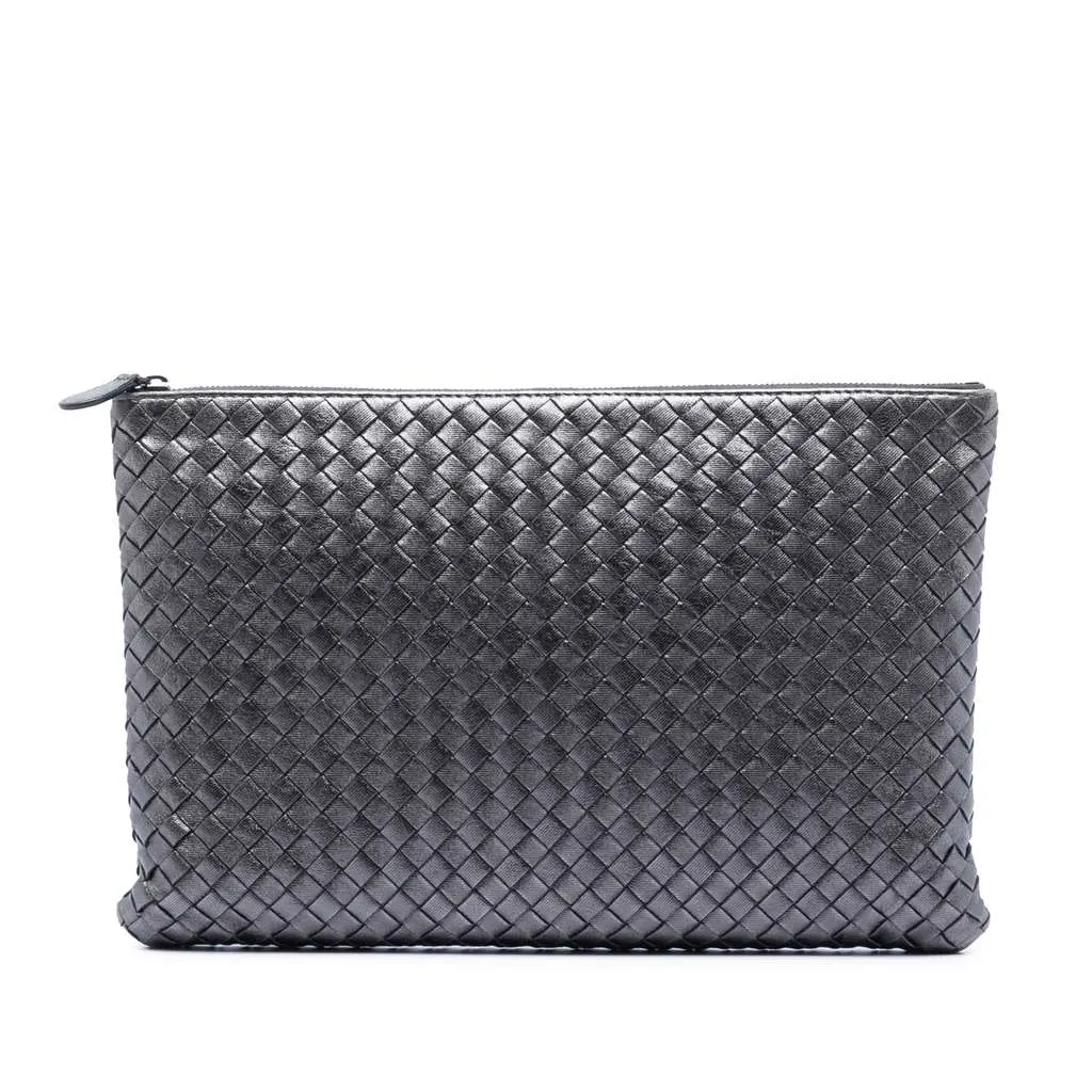 Bottega Veneta Metallic Nappa Intrecciato Clutch Grey Leather Very good - Front View