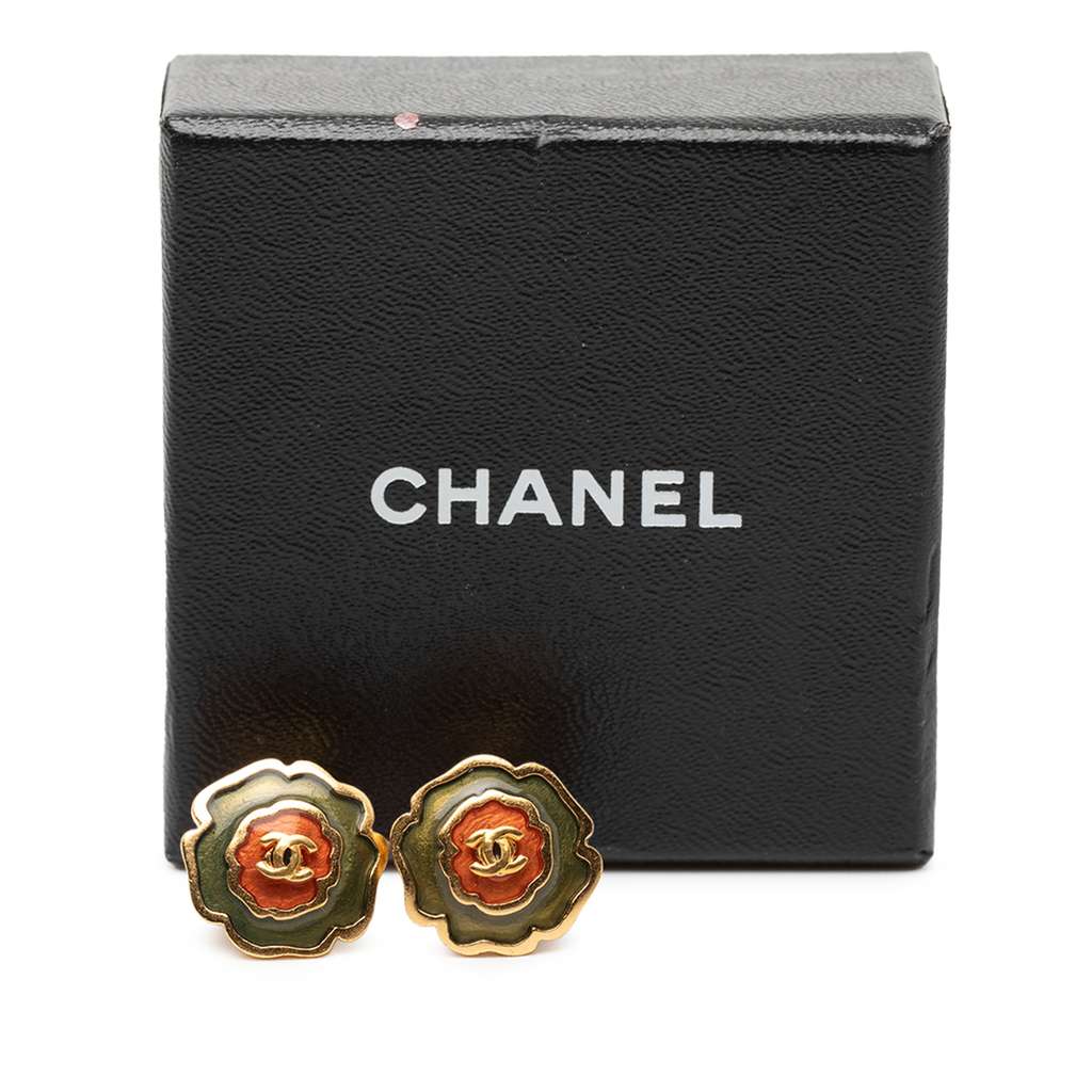 Chanel Enamel Camellia CC Stud Push Back Earrings - 4