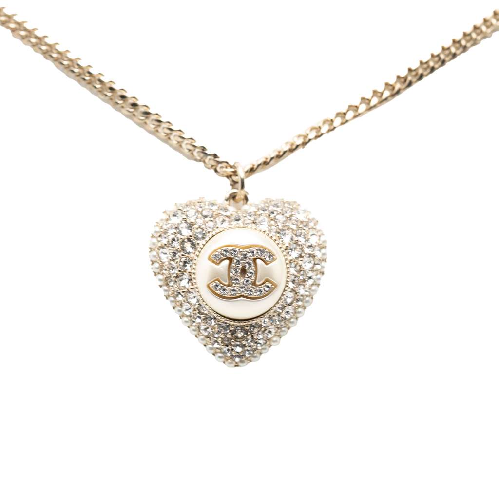 Chanel Gold Plated CC Faux Pearl Crystal Heart Pendant Necklace - 2