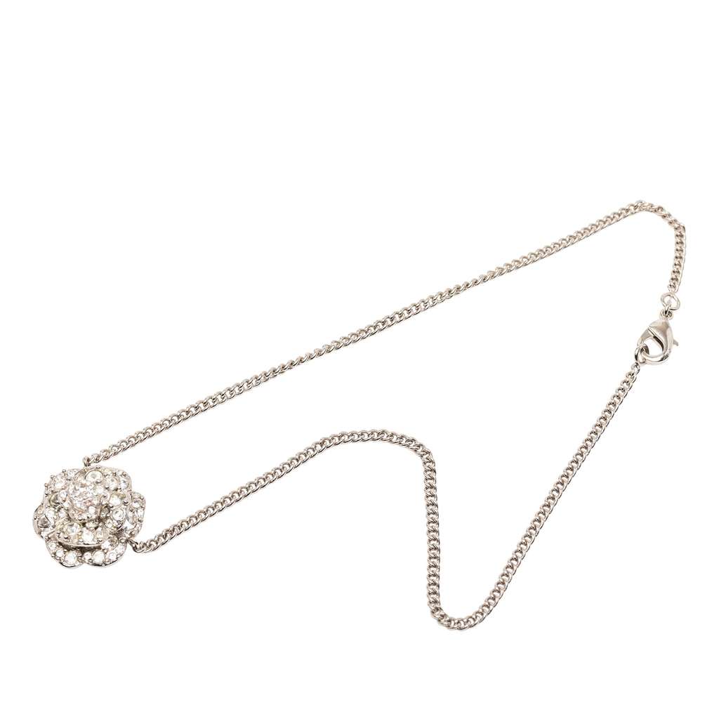 Chanel CC Silver Plated Rhinestones Camellia Pendant Necklace