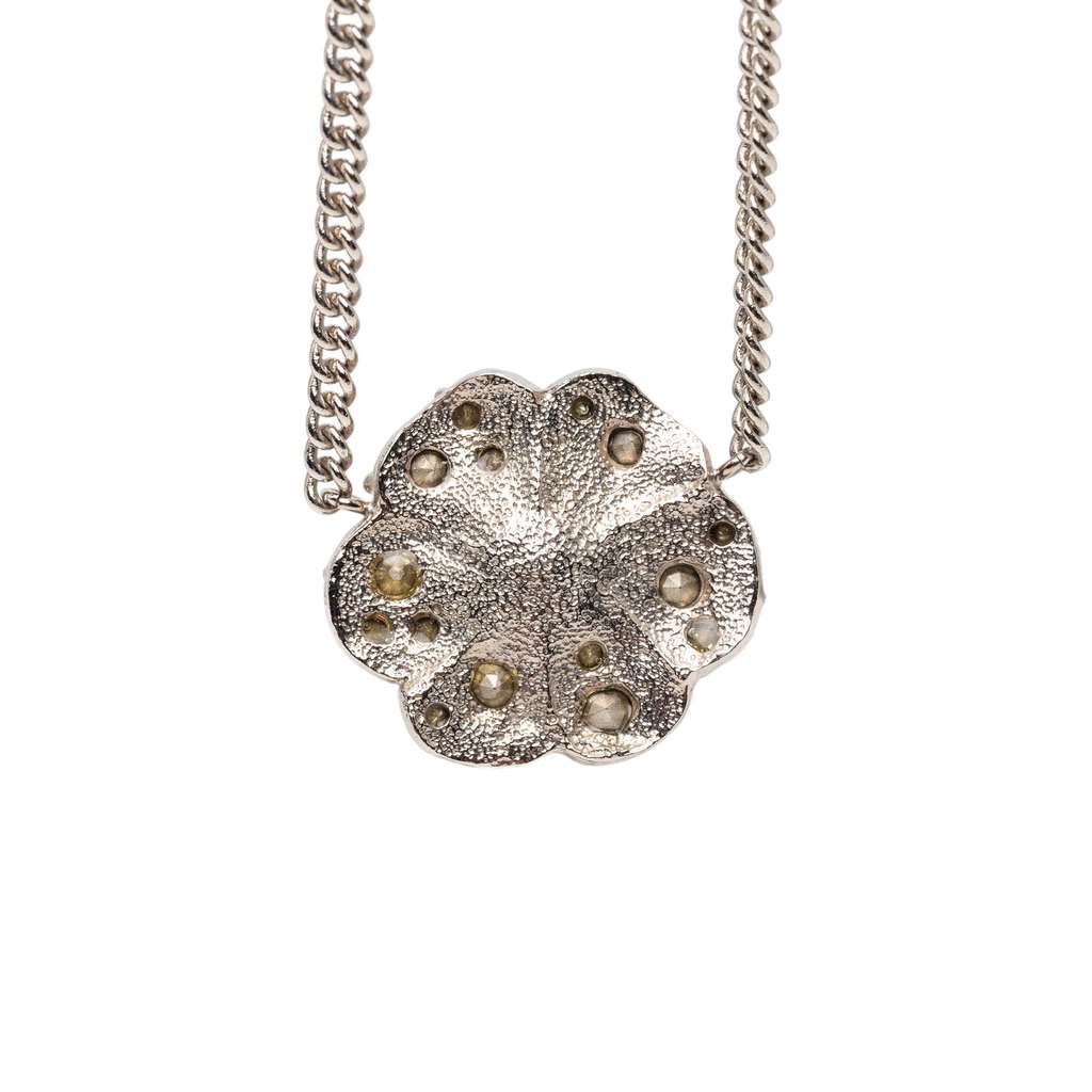 Chanel CC Silver Plated Rhinestones Camellia Pendant Necklace - 3