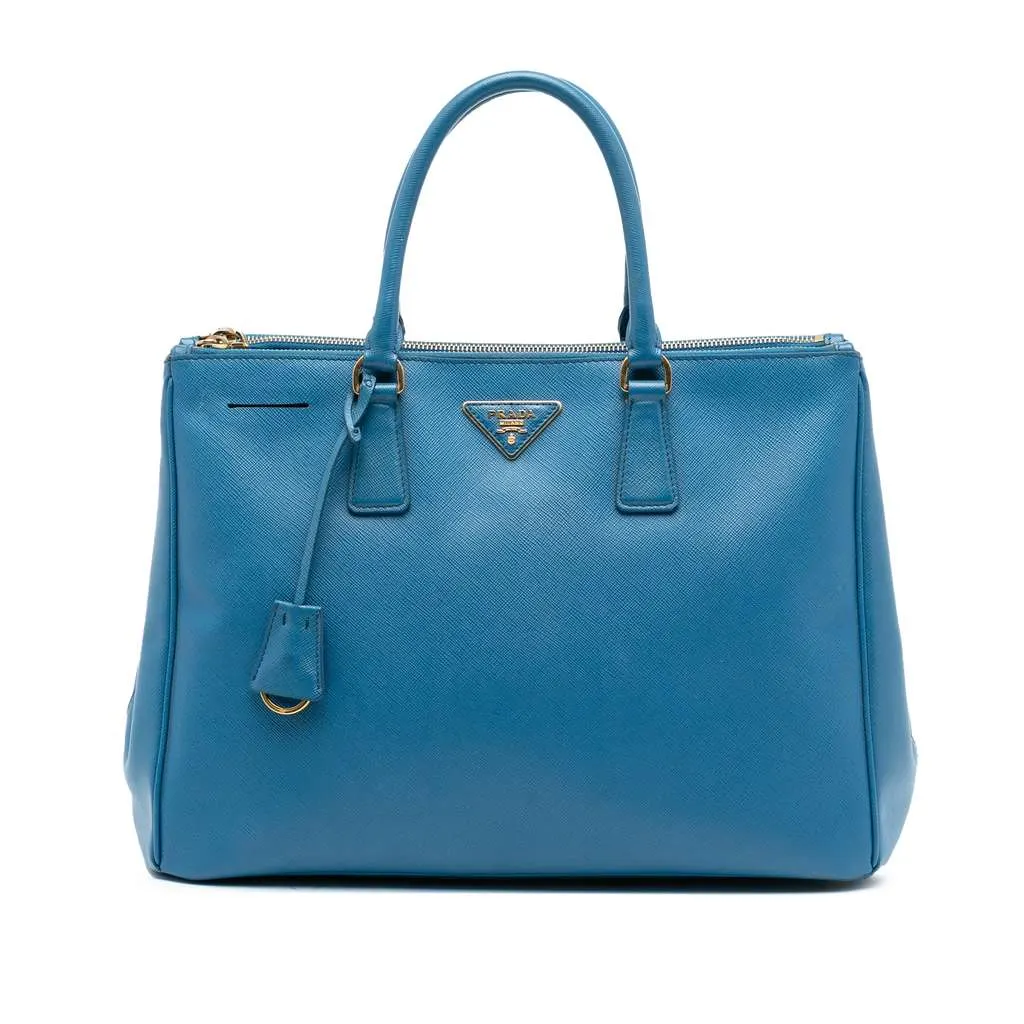 Prada Large Saffiano Lux Galleria Double Zip Tote Blue Leather Good - Front View