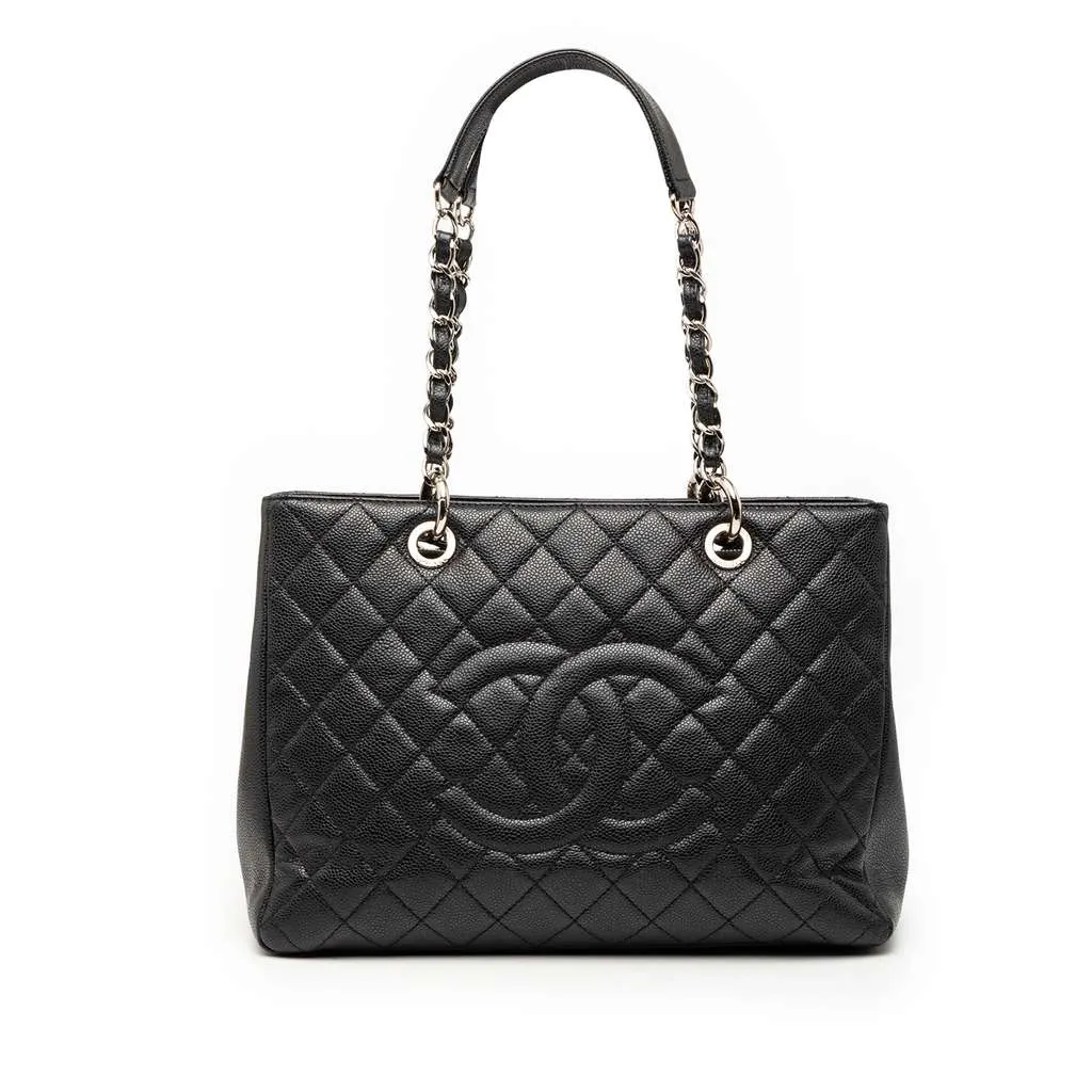 Chanel Caviar Grand Shopping Tote Black Leather Good - Front View