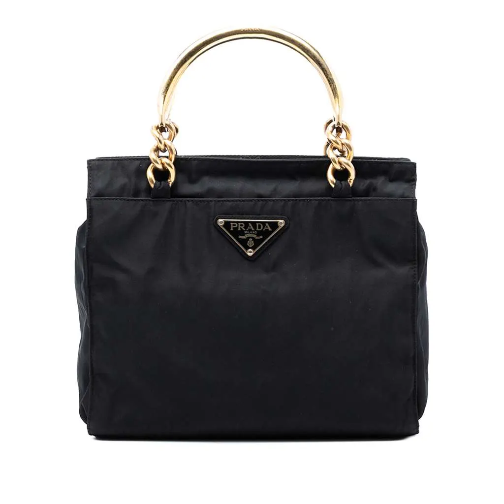 Prada Tessuto Metal Handle Bag Black Good - Front View